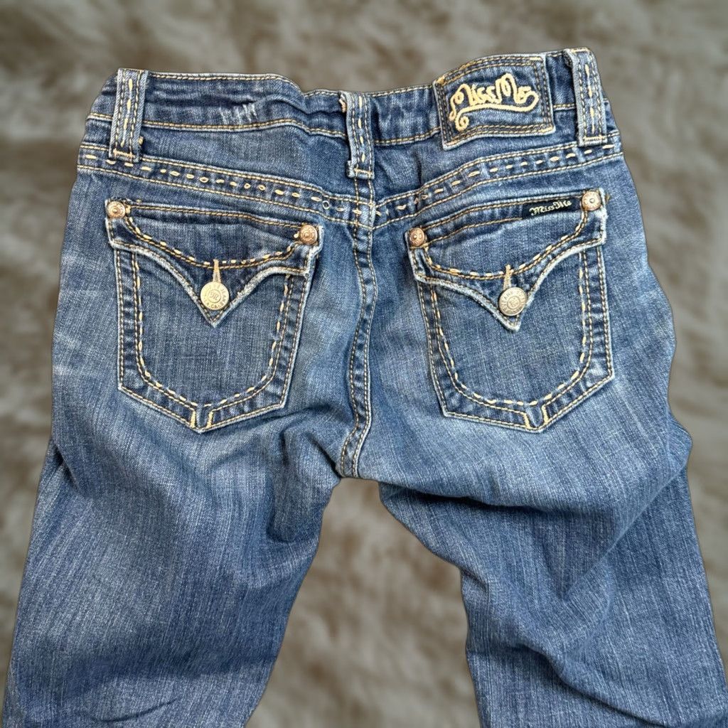 VINTAGE Miss Me Women's Jeans Bootcut Stretch Low Rise 27x33 Blue Embellished Flap Pockets