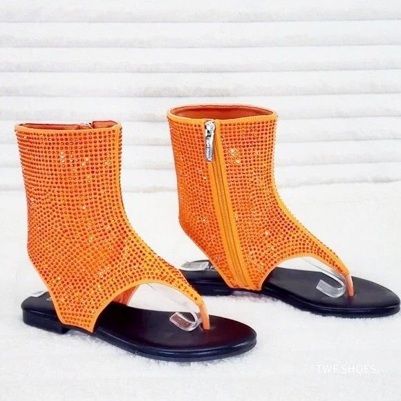 Other Just Doit Rhinestones Flat Bootie Thong Sandals Orange (US S Size US 5.5 / IT 35.5 - 3 Thumbnail