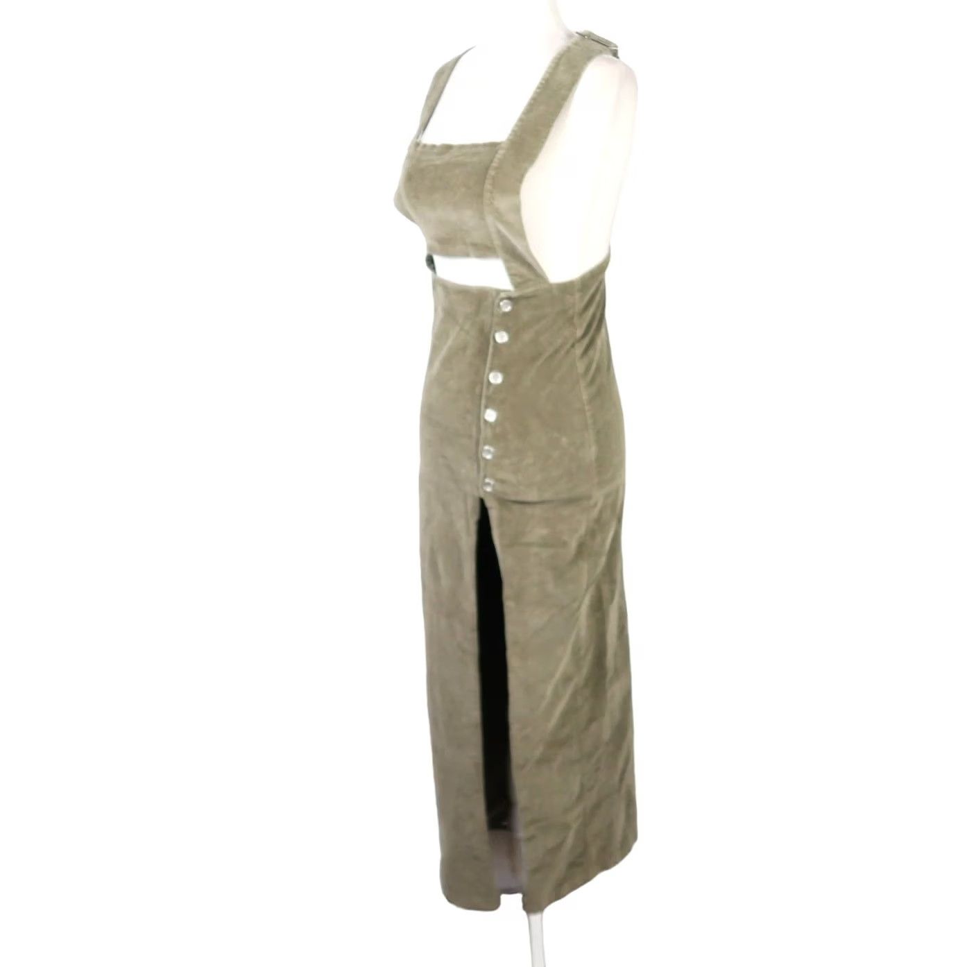 Olive Nightwalker Corduroy Jumper Overall Pinafore Midi Dress XS Olive Green Sleeveless Button Front Low/High Slit Womens Dress: Formal Party/Cocktail Size XS / US 0-2 / IT 36-38 - 3 Thumbnail