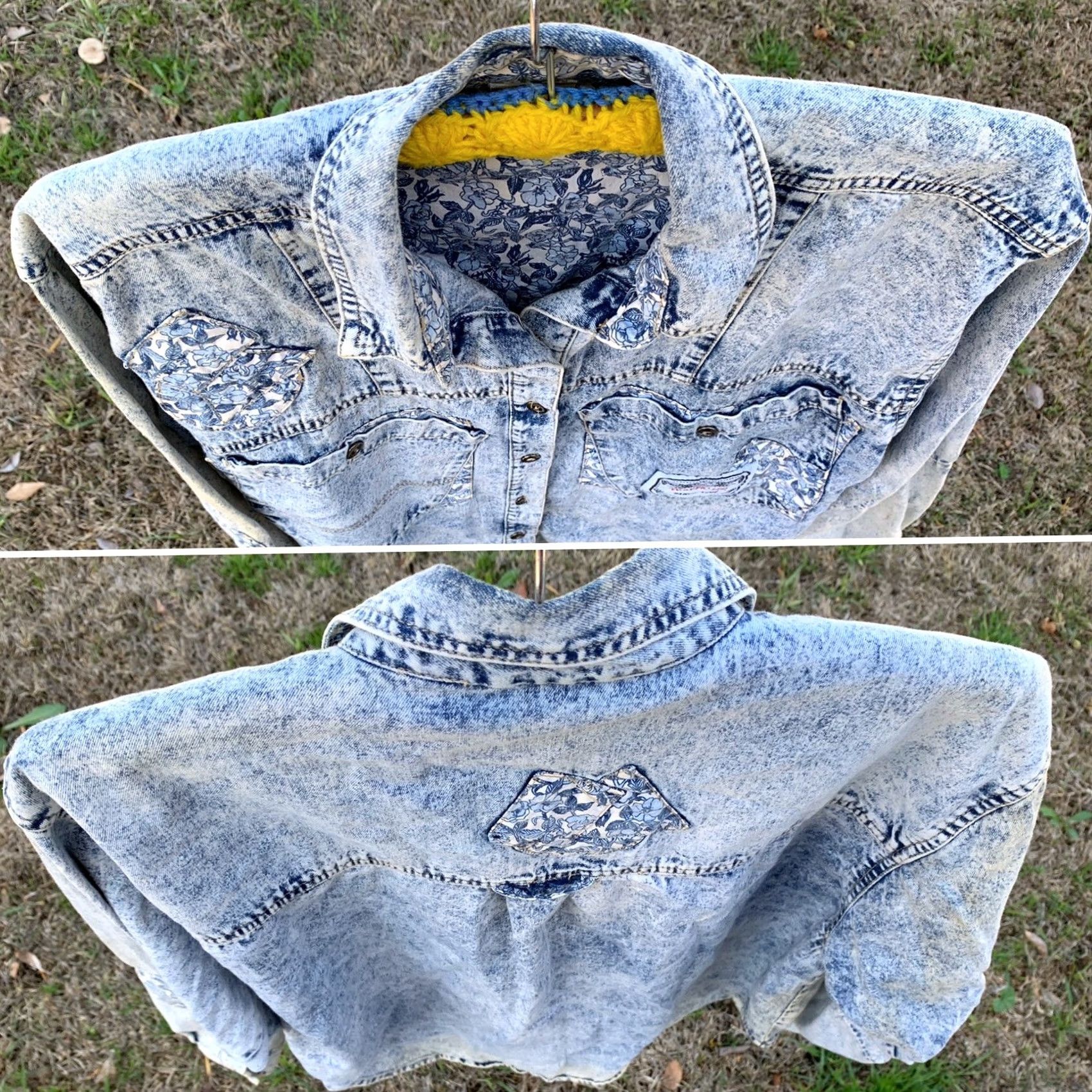 Denime VINTAGE Traffic Acid Wash Denim Shirt Patchwork Elbow Patches One Size 80s 90s Blue Denim Shirt Womens/ mens Size ONE SIZE - 4 Thumbnail