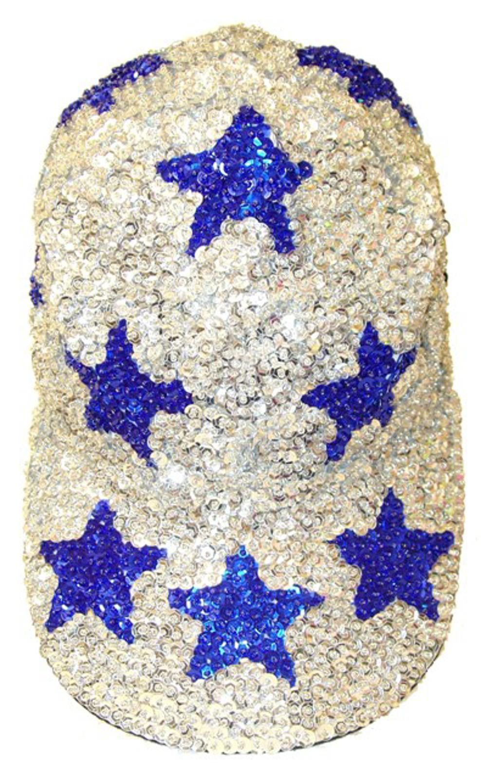 Designer Sequin Baseball Cap SILVER with BLUE STARS Size ONE SIZE - 1 Preview