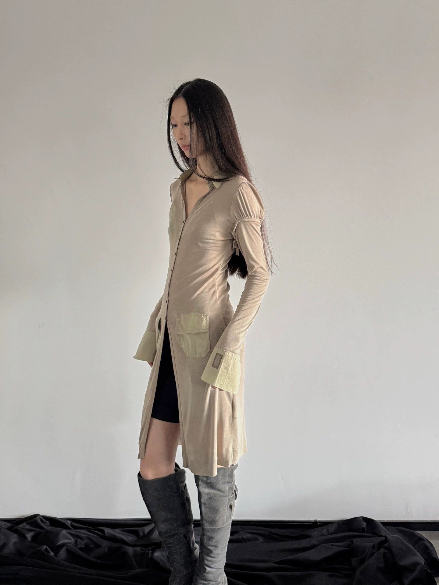 Vintage French Brand Stretch Drape Slim Long Shirt Jacket Size XS / US 0-2 / IT 36-38 - 4 Thumbnail