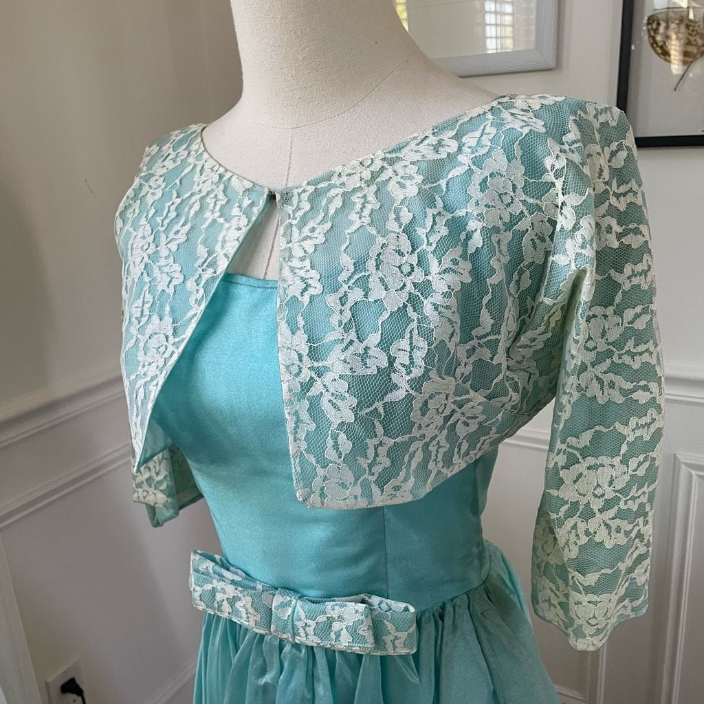 Vintage Vintage 60s Turquoise Blue Ivory Lace Fit & Flare Dress Shru Size XS / US 0-2 / IT 36-38 - 12 Thumbnail