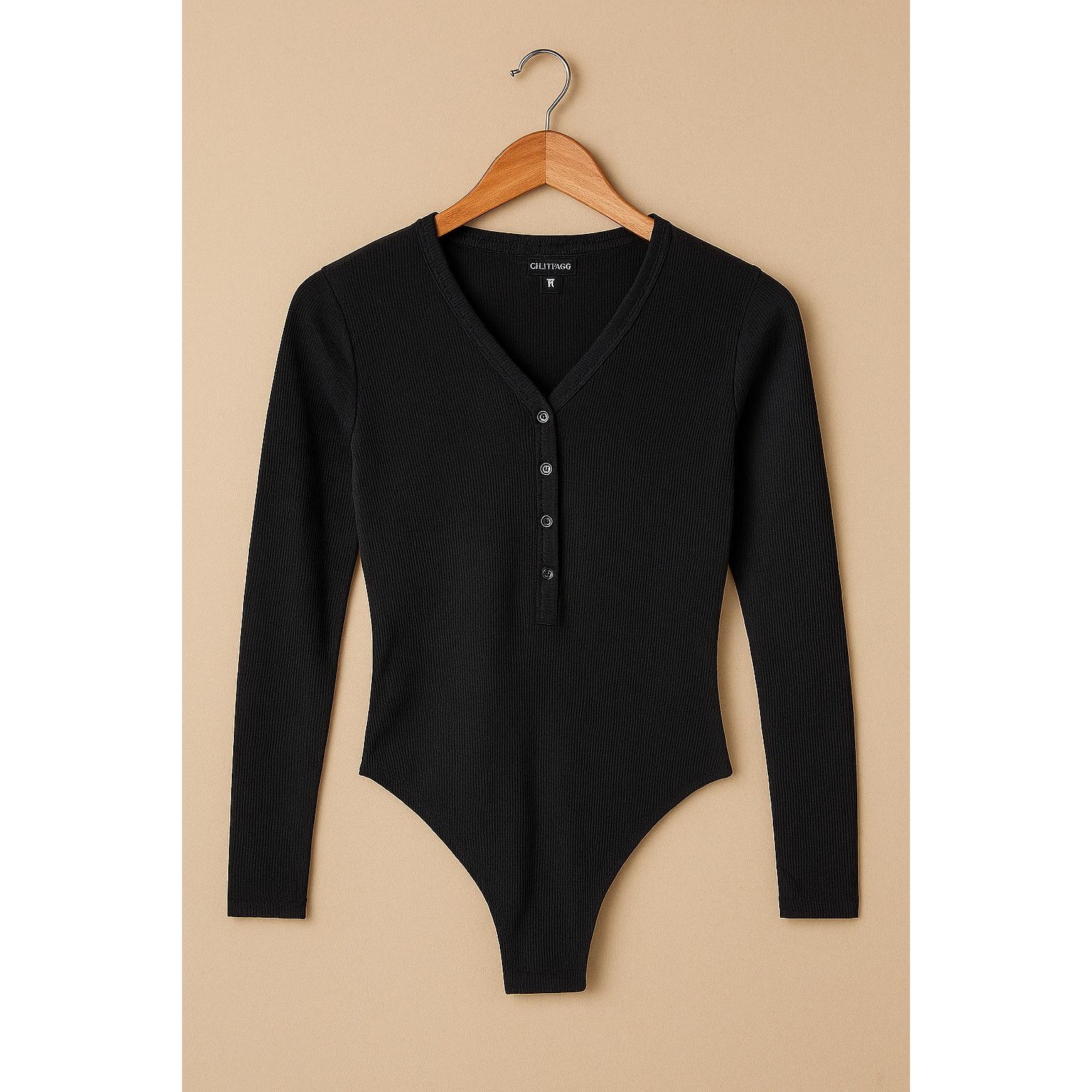 DKNY DKNY Black Ribbed Henley Long-Sleeve Bodysuit Medium Size L / US 10 / IT 46 - 1 Thumbnail