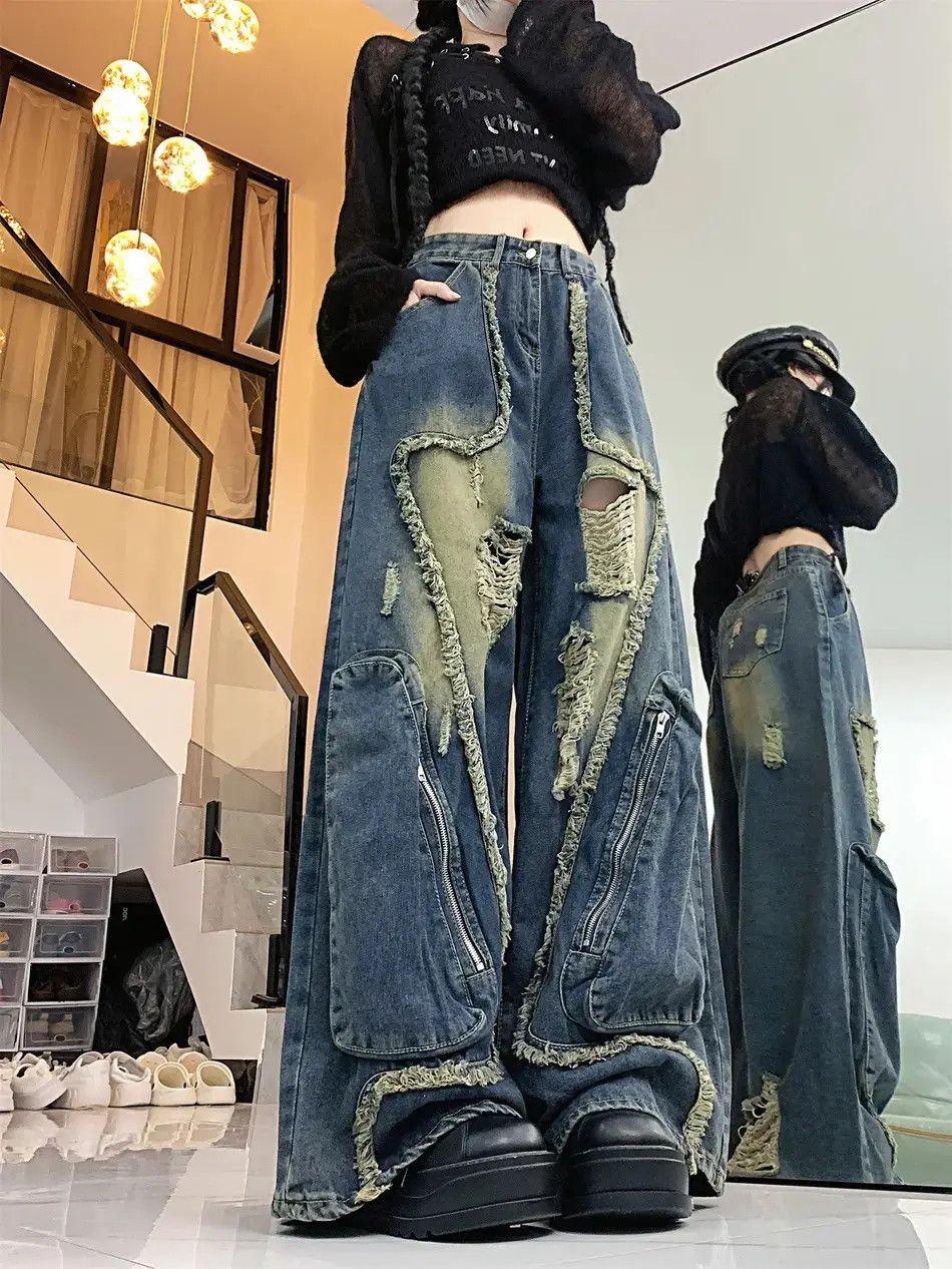 Vintage large pocket ripped jeans