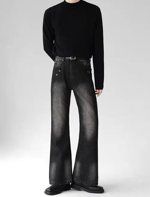 image of Jean Smoky Gray Distressed Micro-Flared Denim Trousers in Black Gray, Men's (Size 32)
