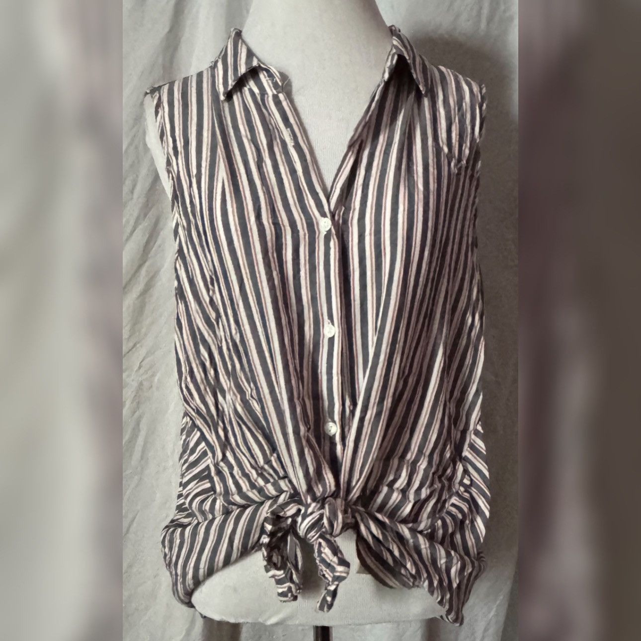 Vintage Retro, Asymmetrical, Striped, Button Down, Sleeveless Tunic Size L / US 10 / IT 46 - 3 Thumbnail