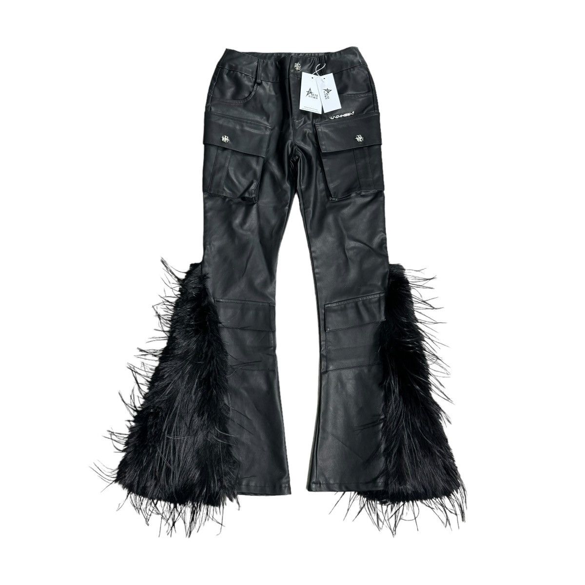 image of Avant Garde Pu Leather Fur Trim Flare Pants in Black, Women's (Size 24)