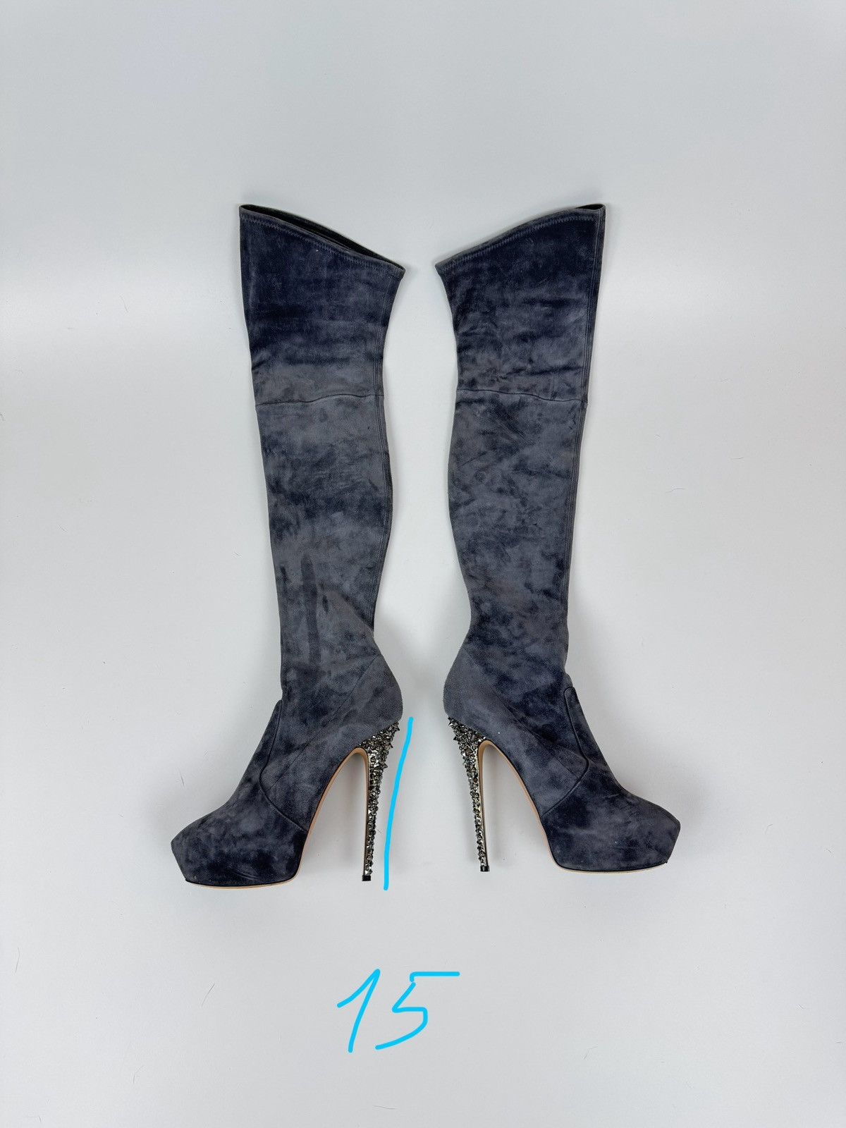 Casadei × Casedei CASADEI Suede Over The Knee Boots Stiletto Crystal Heels Size US 10 / IT 40 - 12 Thumbnail