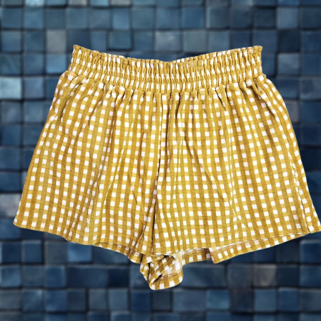 Vintage FAITHFULL THE BRAND Gingham Yellow White Terry Shorts Women's Elastic Waist Sz S Size 28" / US 6 / IT 42 - 1 Thumbnail