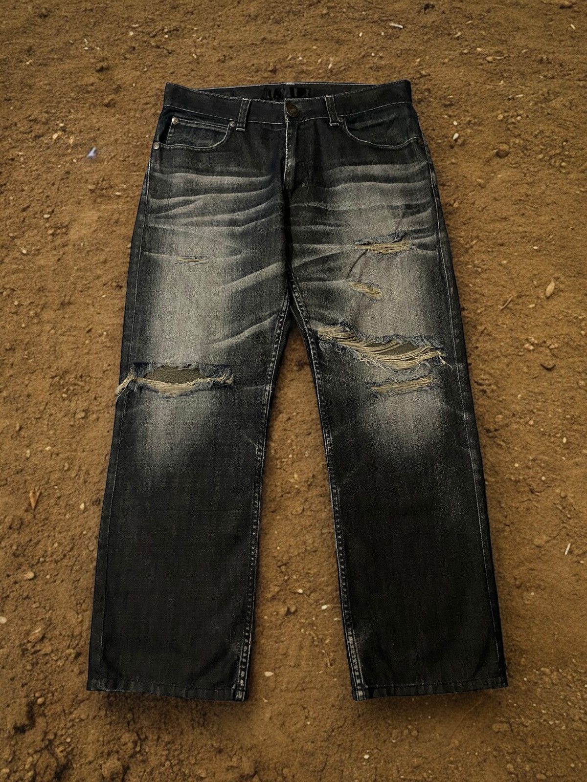 image of Archival Clothing x Distressed Denim Vintage Japan Back Number Black Wash Distressed Jeans Denim (S