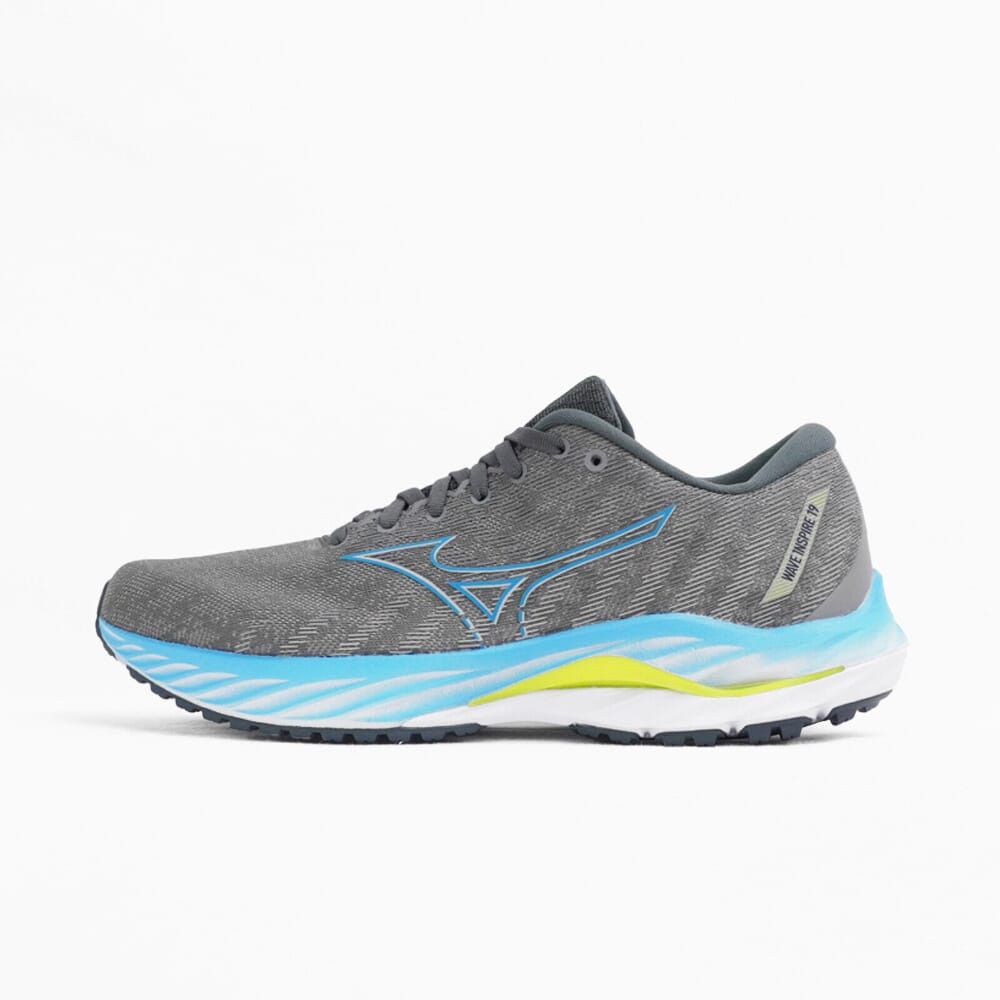 image of Mizuno Wave Inspire 19 Gray/blue-Bolt Neon 411395.9Djb Shoes in Gray/Blue/Bolt Neon, Men's (Size 10