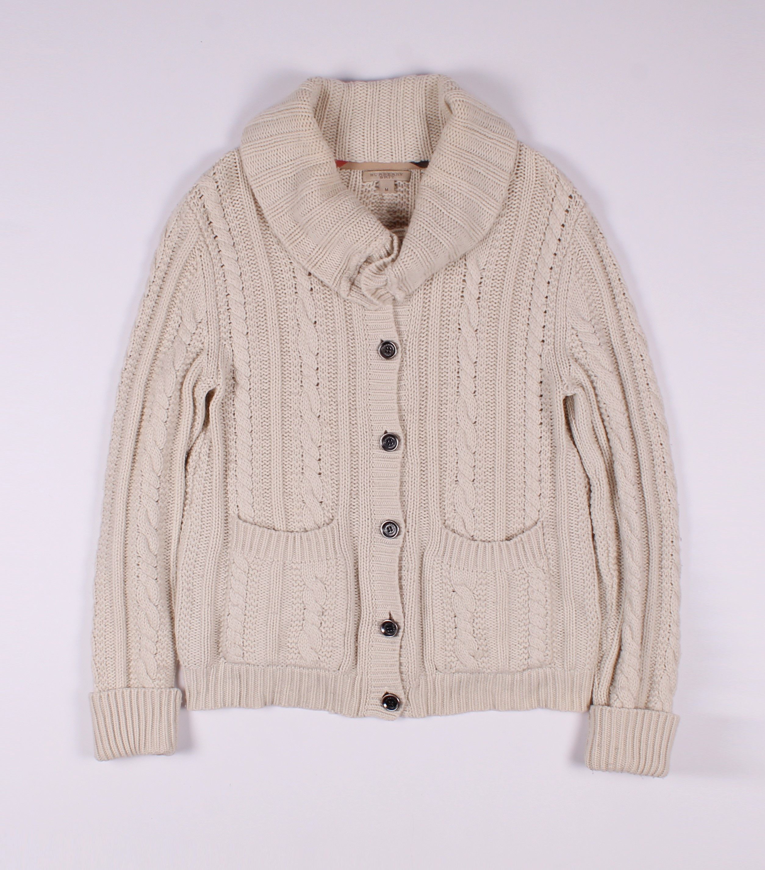 image of Burberry Wool Cashmere Cable Knit Cardigan in Cream, Women's (Size Medium)