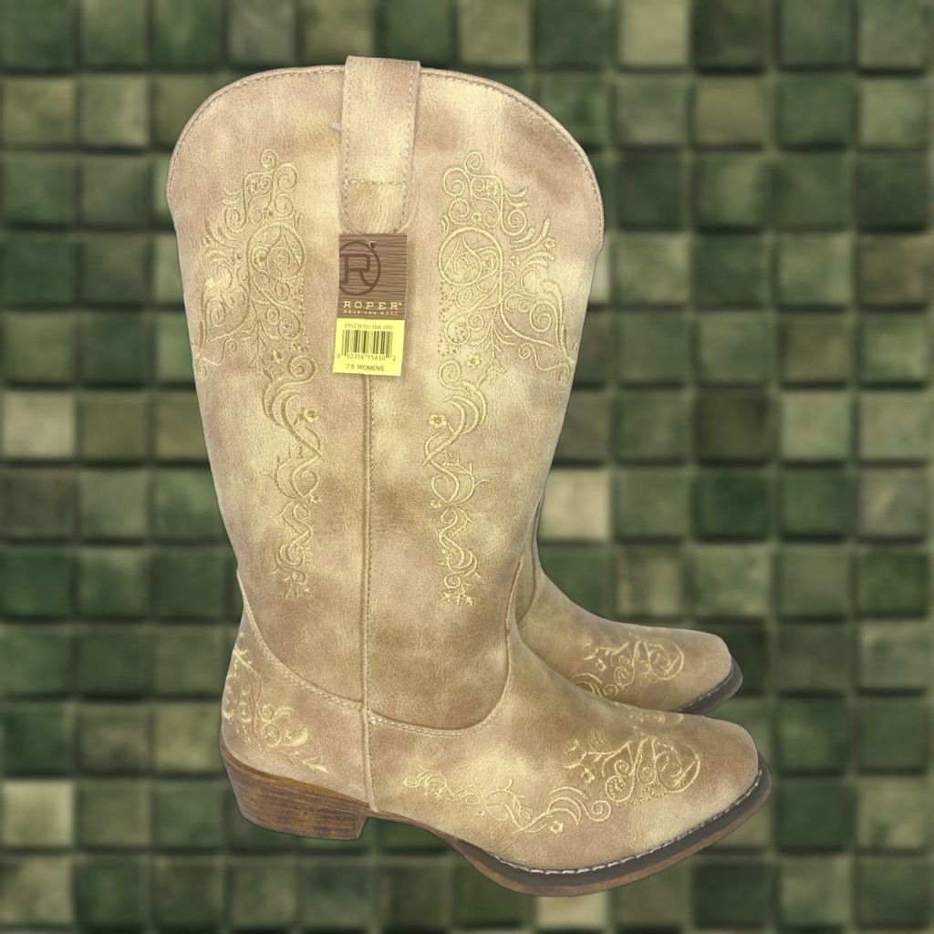 VINTAGE ROPER JUDITH BEIGE FAUX LEATHER COWBOY BOOTS WOMENS