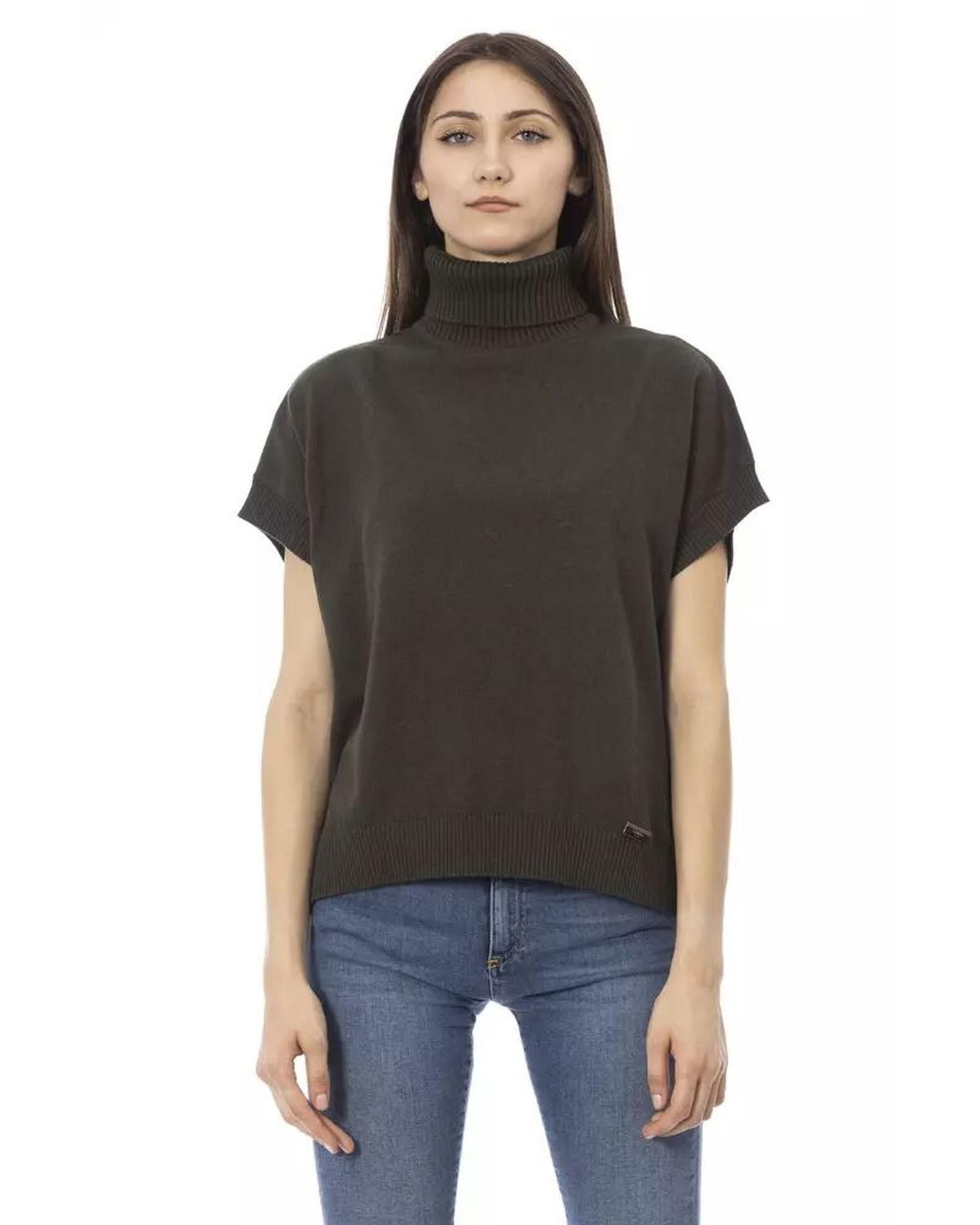 image of Baldinini Turtleneck Short Sleeve Ribbed Sweater in Green, Women's (Size Small)