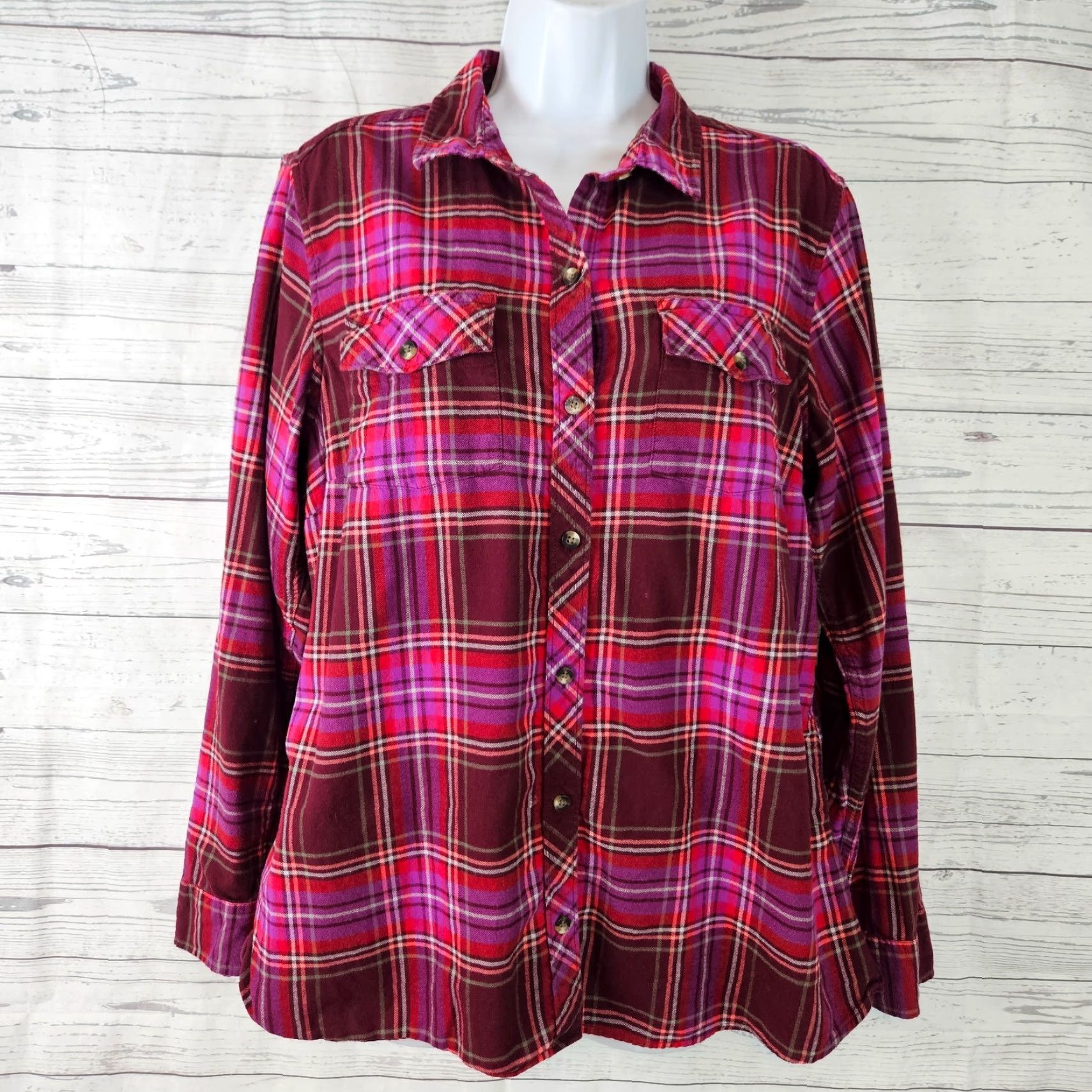 Eddie Bauer Eddie Bauer Womens Button Up Shirt Sz XL Red Purple Plaid Cotton Classic Fit Size XL / US 12-14 / IT 48-50 - 2 Thumbnail