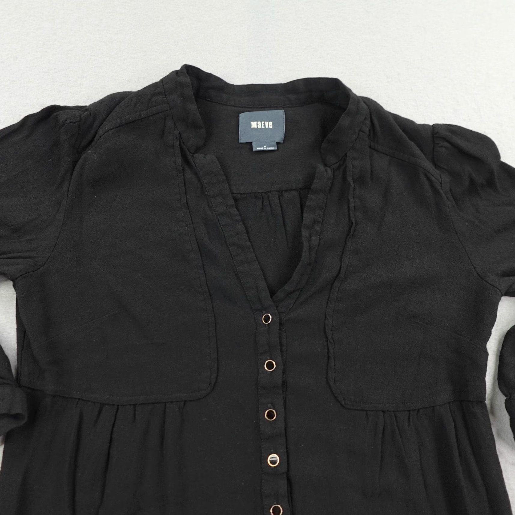 Vintage Maeve Dress Womens 4 Black V Neck Button Front 3/4 Sleeve Anthropologie Boho Shirt Womens Casual Workwear Size S / US 4 / IT 40 - 2 Thumbnail