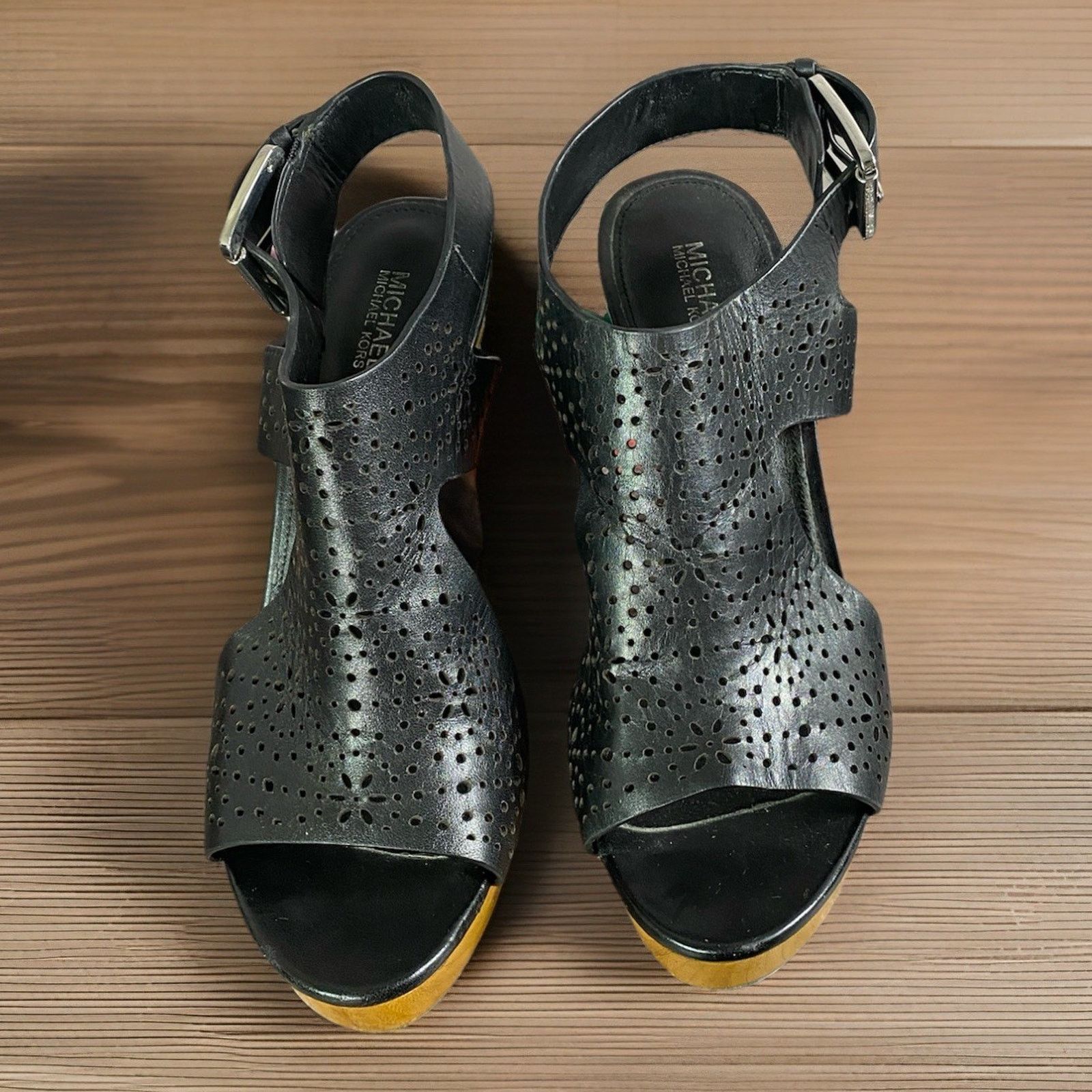 Michael Kors Michael Michael Kors Josephine 7.5 Black Leather Wedge Size US 7.5 / IT 37.5 - 2 Thumbnail