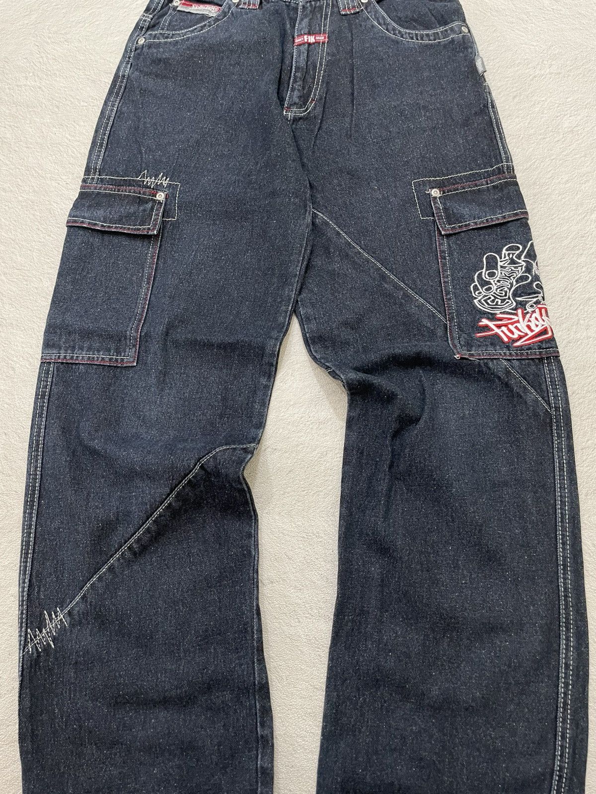 Japanese Brand 00s Funky Raw Denim Japanese Street Embroudered Cargo Jeans Size US 28 / EU 44 - 2 Thumbnail