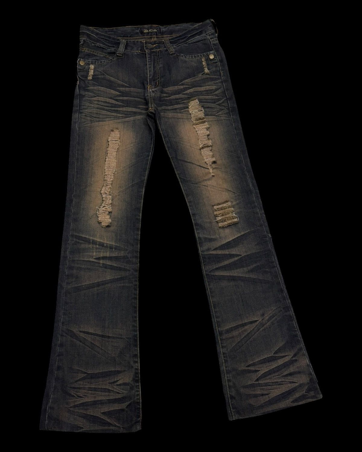 14th Addiction × KMRii × Yasuyuki Ishii 🔥FLARE JEANS WHISKER BLACK CROWN CLAW MARK DISTRESS JEAN Size US 32 / EU 48 - 3 Thumbnail