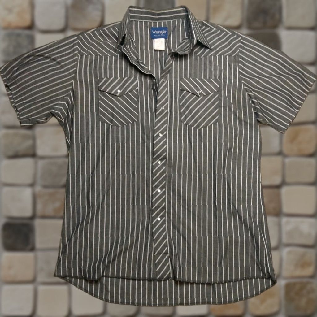 Wrangler VINTAGE Wrangler Button-Down Shirt Western 90s Gray Stripe XLT Mens Regular Cotton Short Sleeve Pearl Snap Button Down Shirt Size US XL / EU 56 / 4 - 1 Thumbnail
