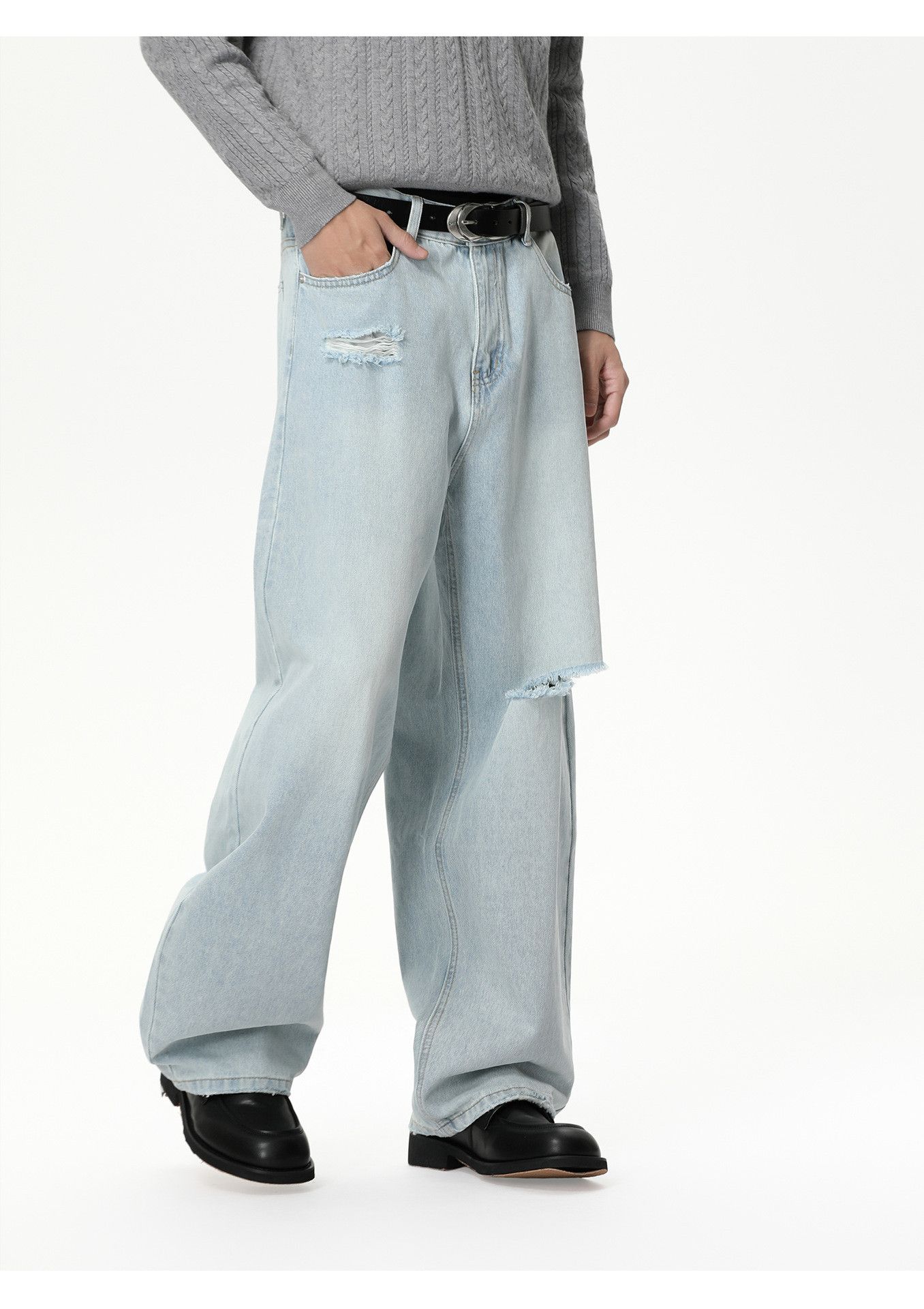 Japanese Brand Men's distressed curved wide-leg washed jeans Size US 34 / EU 50 - 3 Thumbnail