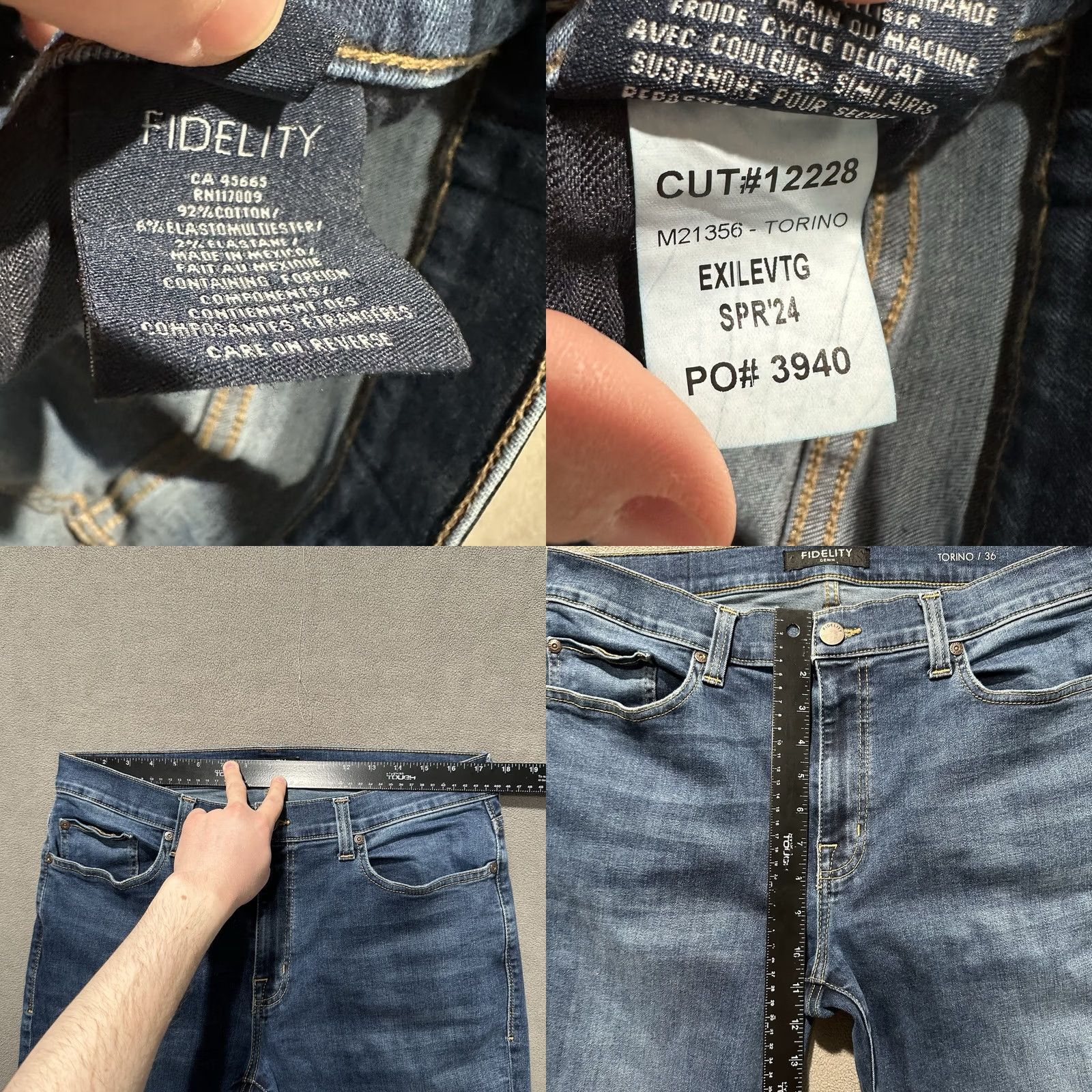 Denime Fidelity Jeans Mens 36 (35x30.5) Blue Torino Medium Wash Denim Stretch Slim Fit - 60 Day Return Size US 36 / EU 52 - 9 Thumbnail