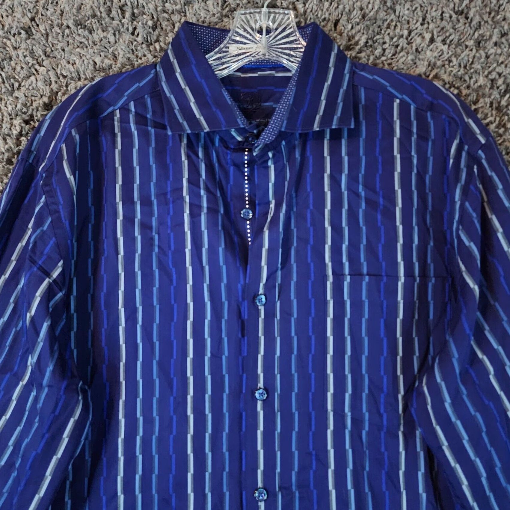 BUGATCHI VINTAGE Bugatchi Uomo Men's Long Sleeve Blue Striped Shirt Large Regular Fit Button Up Size US L / EU 52-54 / 3 - 3 Thumbnail