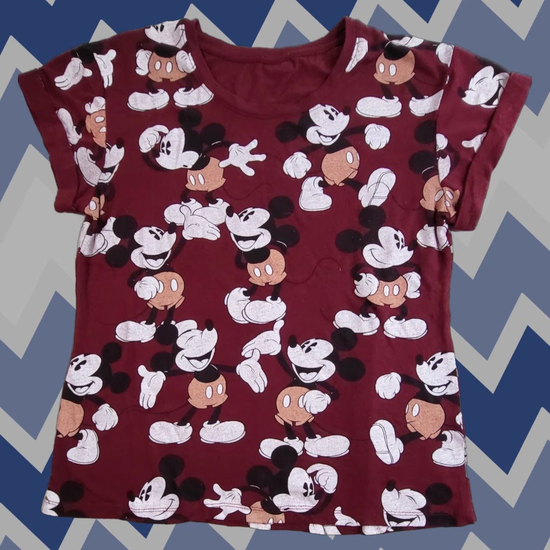 FRED Mickey Mouse All Over Print Maroon Short Sleeve T-Shirt Womens L Cute Size L / US 10 / IT 46 - 1 Thumbnail