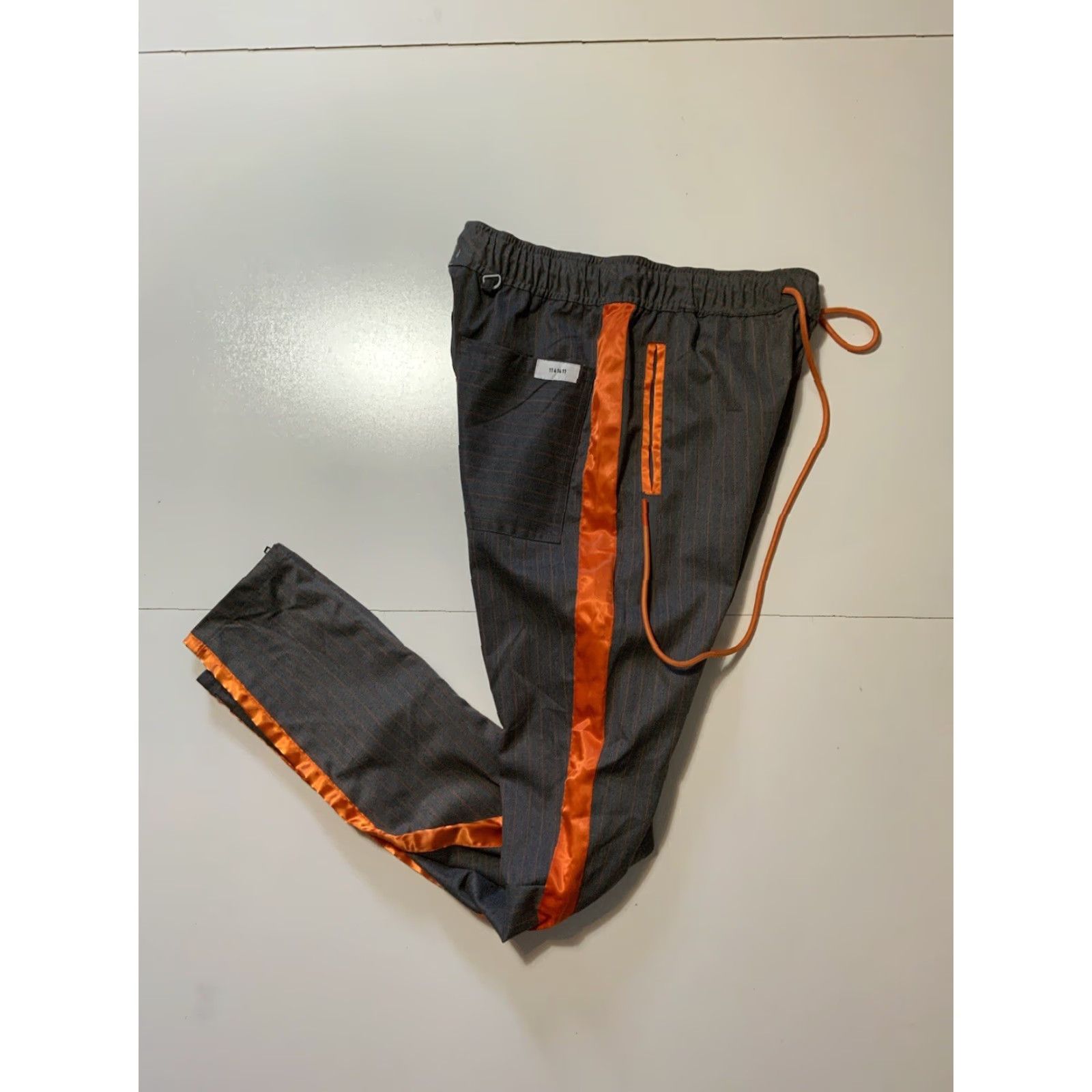 Vintage KDNK Pants Slim Drawstring Striped Gray Orange/Gray Pin Striped Los Angeles Mens L 34 Slim Fit 33in Inseam Size US 33 - 2 Thumbnail