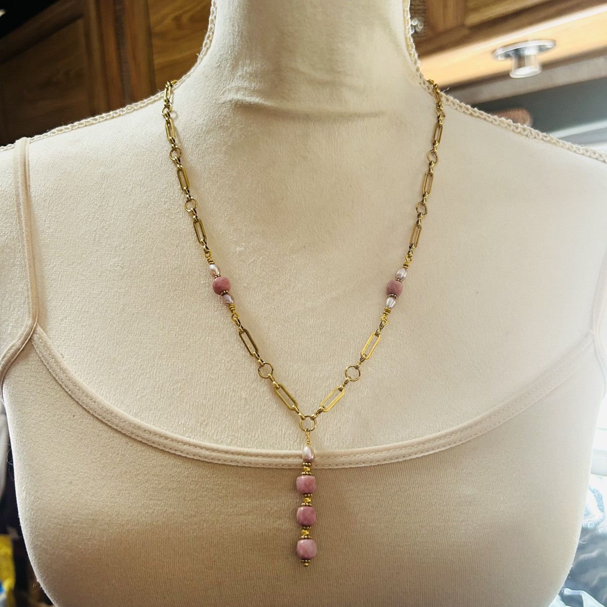 Handmade Handcrafted faceted square cut rhodonite genuine pearl set Size ONE SIZE - 2 Thumbnail