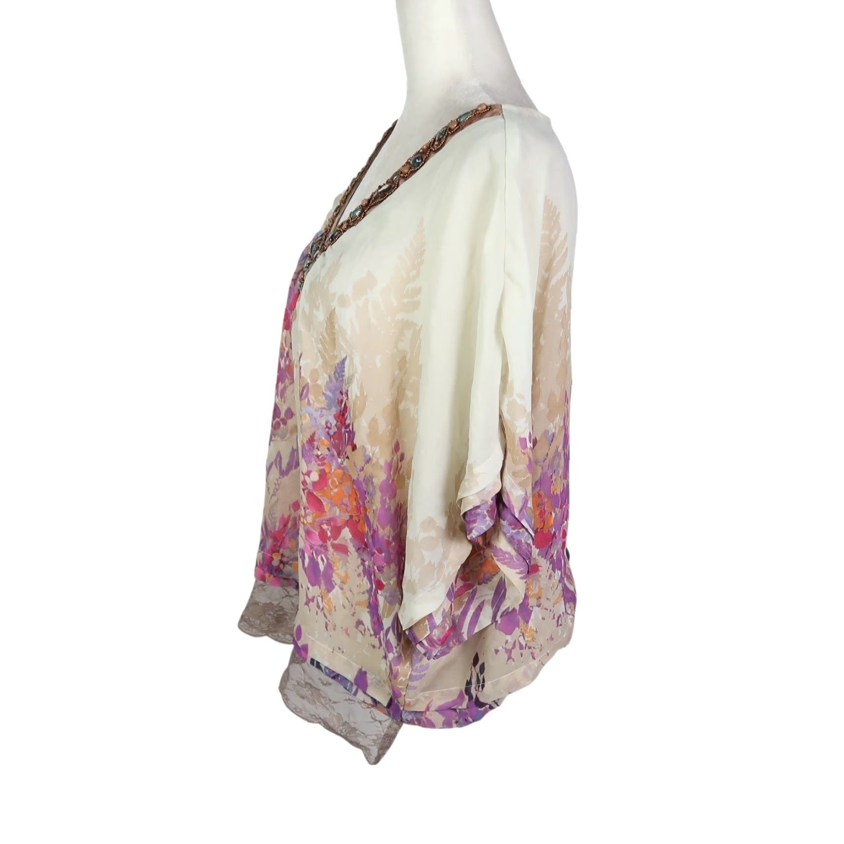 Vintage VINTAGE NY Collection Batwing Top Dolman Sleeve Beaded Rhinestone Jewel Trim Cream Floral L Size L / US 10 / IT 46 - 3 Thumbnail