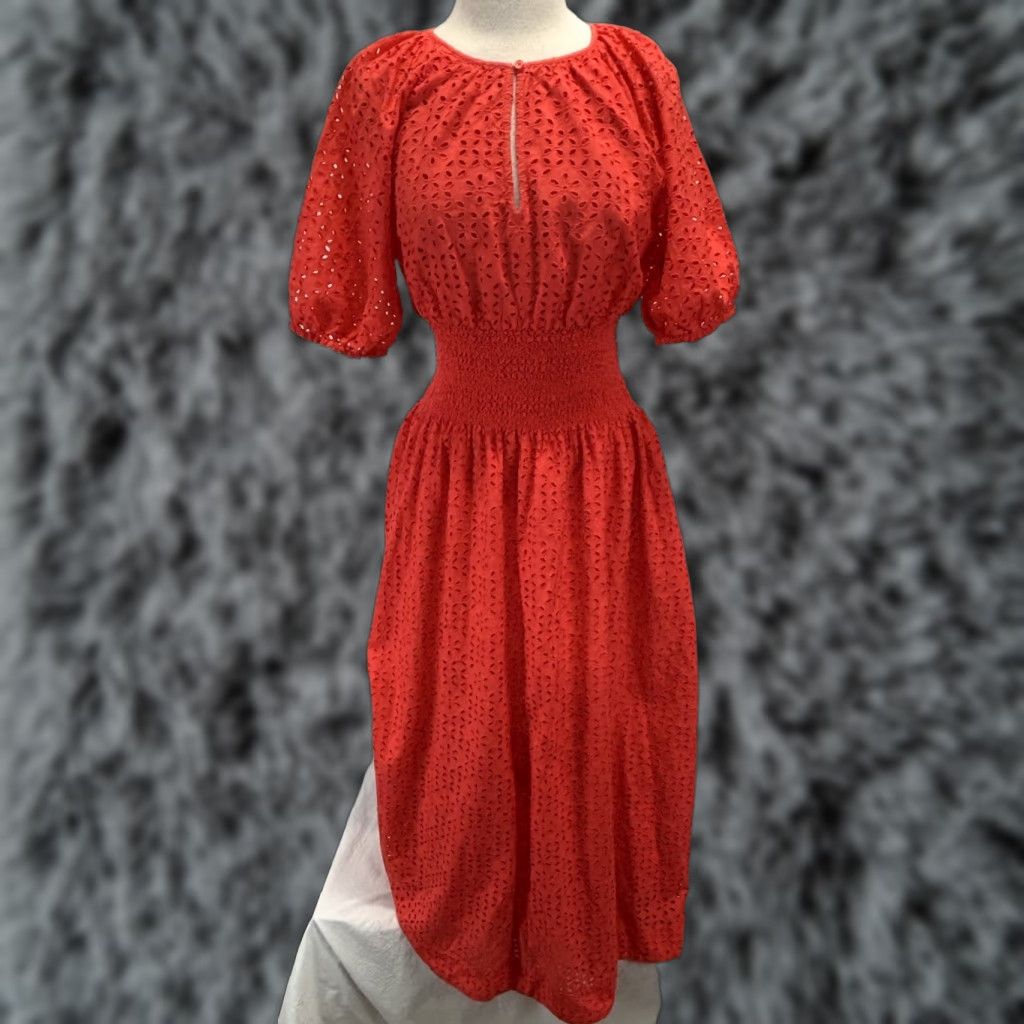 J.Crew J.CREW Sundress Midi Smocked Waist Eyelet Pockets Red/coral Medium Tall Women Beach Party/Cocktail Casual Travel Proven​ce शामिल? Size M / US 6-8 / IT 42-44 - 1 Thumbnail