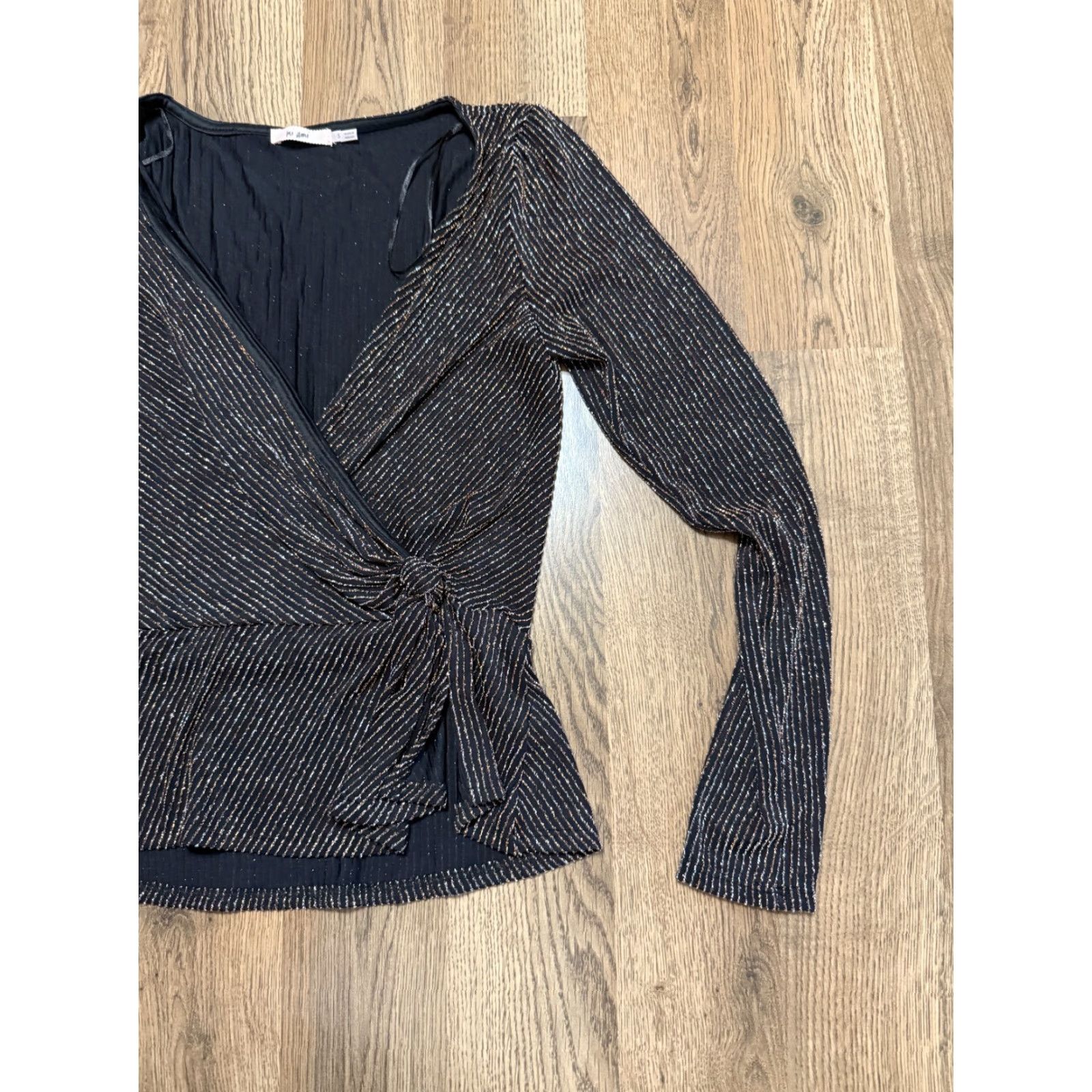 Vintage Mi Ami Blouse Women's Size Small Black Sparkly Gold Long Sleeve V-neck Wrap Shirt Size S / US 4 / IT 40 - 4 Thumbnail