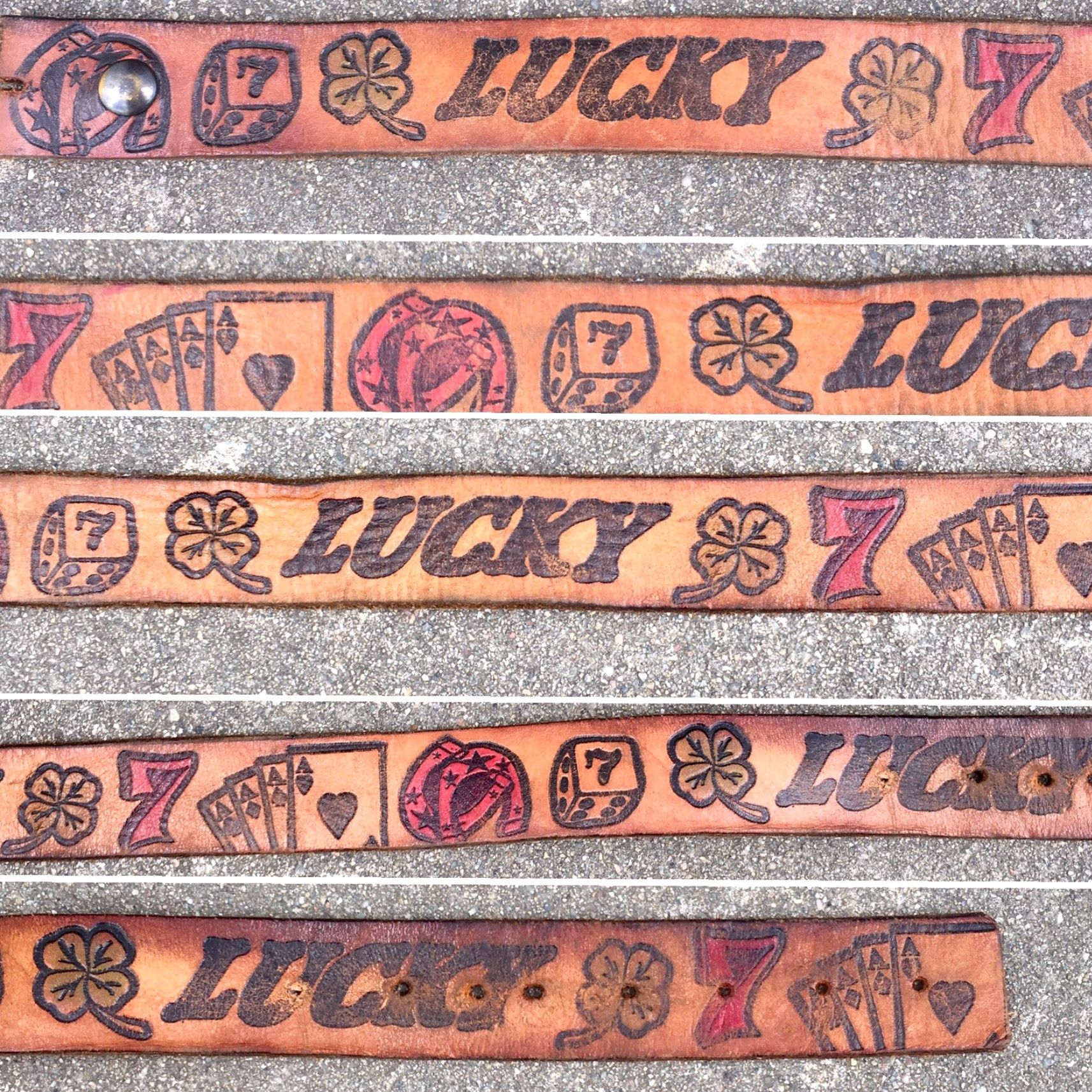 Vintage VINTAGE Tooled Leather Belt Gambling Theme Lucky 7 Clover Cards Horse Shoe Dice Brown Leather Adult Unisex Casual Rockabilly Size ONE SIZE - 3 Thumbnail