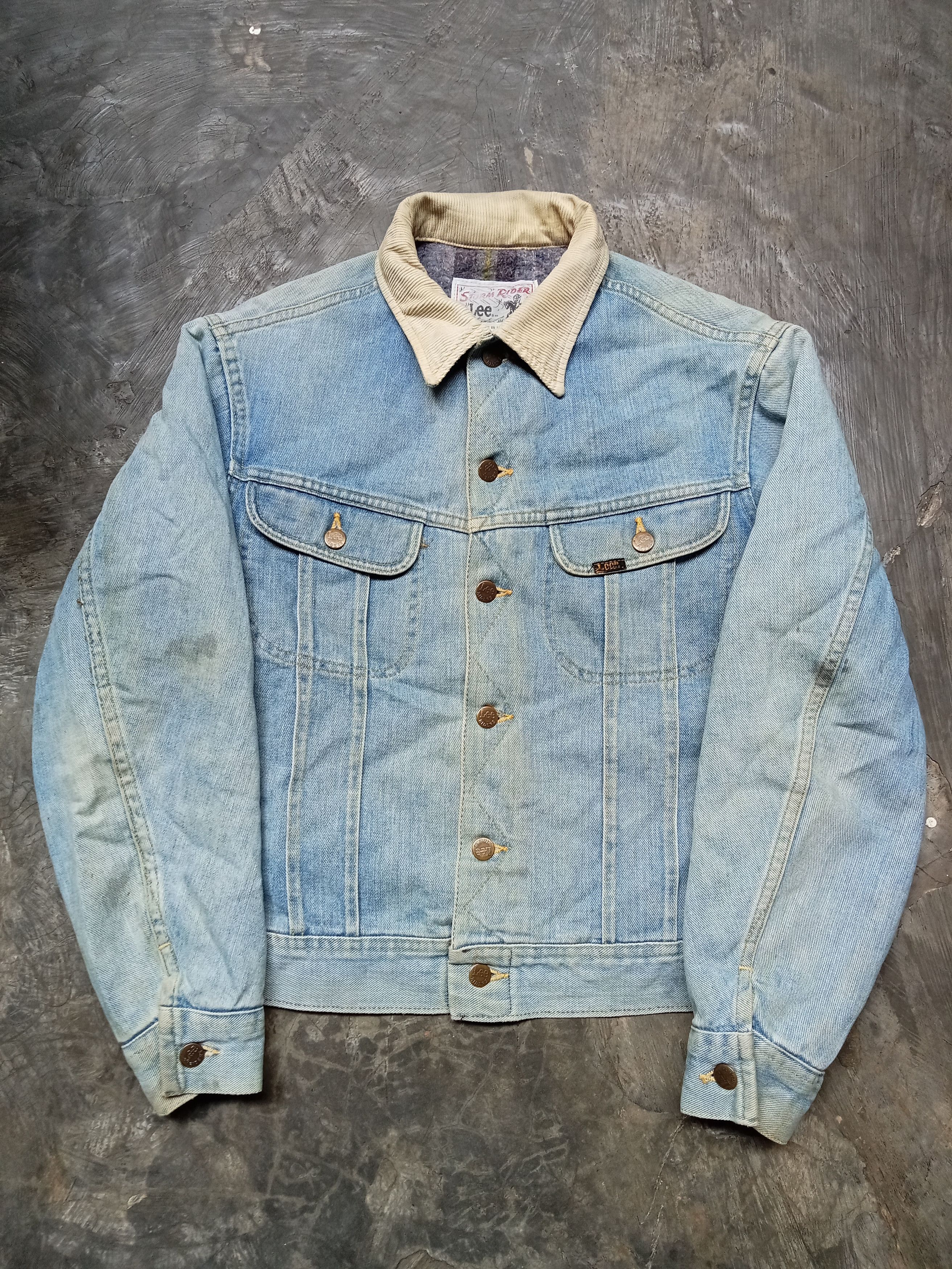 image of Denim Jacket x Distressed Denim Vintage Distressed Lee Storm Riders Blanket Lined in Light Blue (Si