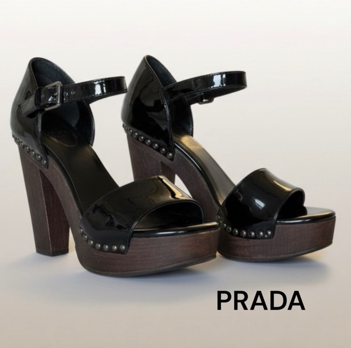 Prada Patent Leather Open Toe Shoes Platform Heels 36 6 in Black, Women's