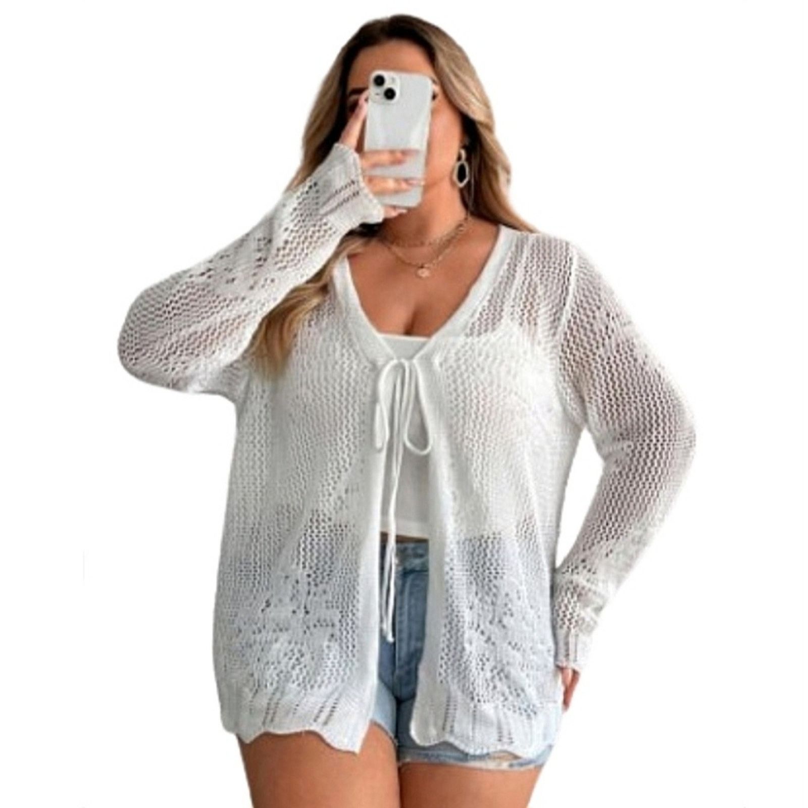 Shein OFF-WHITE ☆ CROCHET STYLE ☆ TIE FRONT ☆ CARDIGAN 6x ☆ NWT Size 4XL / US 24-26 - 3 Thumbnail