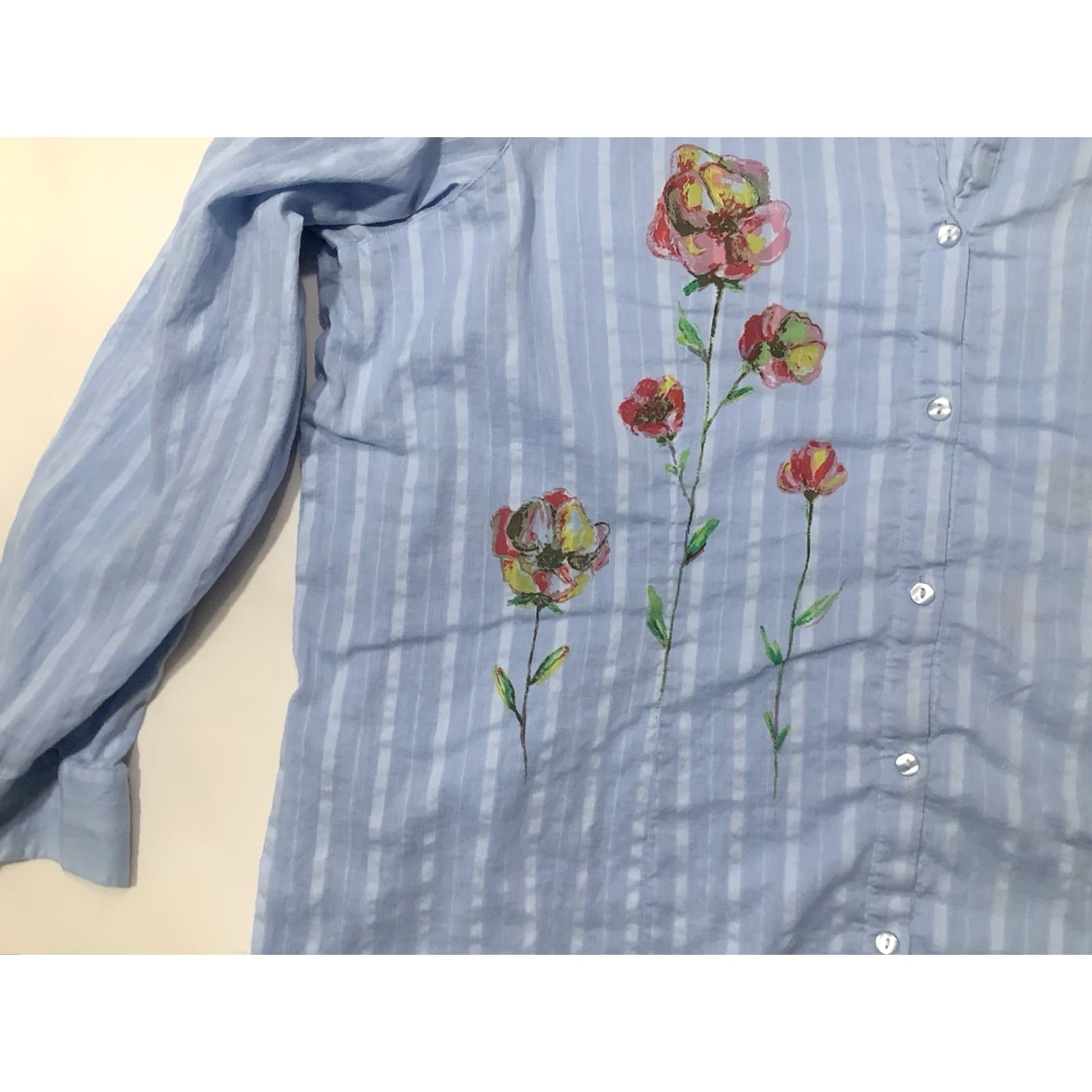 Denim & Co. Denim & Co Womens Button Up Shirt 2XL Blue Striped Long Sleeve Cotton Chambray Casual Travel Beach Preppy Classic Breathable Stretch Shirt Womens Size XXL / US 16-18 / IT 52-54 - 2 Thumbnail