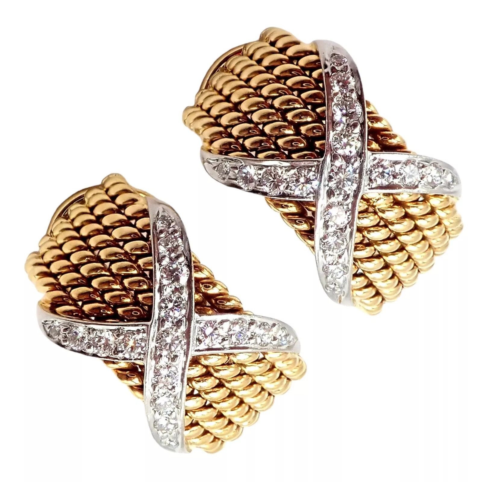 Tiffany & Co. Tiffany & Co Gold Platinum Diamond 6 Row Rope X Earrings Size ONE SIZE - 1 Thumbnail