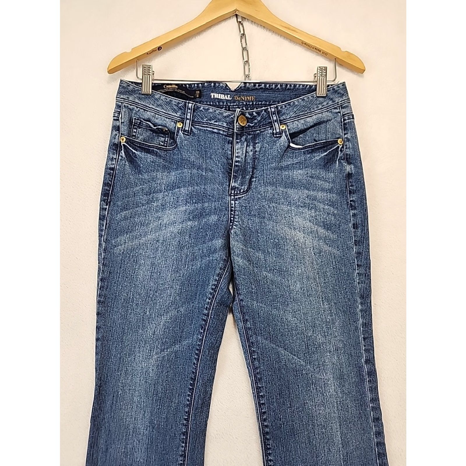 Denime VINTAGE Tribal DeNIME Jeans Womens 28/6 Camille Natural Waist Curvy Boot Leg Whisker Denim Blue 5-Pocket Stretch Regular 6 Womens Jeans Size 28" / US 6 / IT 42 - 2 Thumbnail