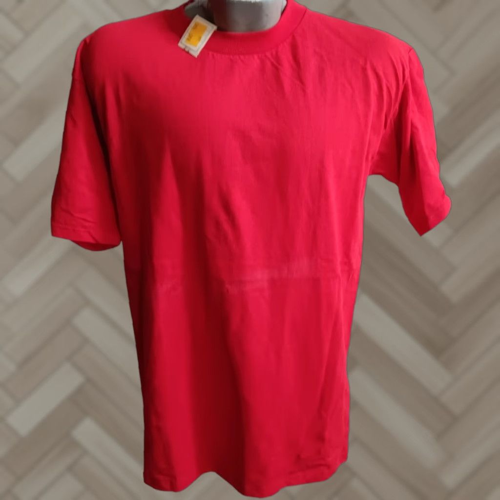 VINTAGE 1990s Men's T-Shirt Large NOS All Cotton Blood Red Crew Neck Casual Made in USA