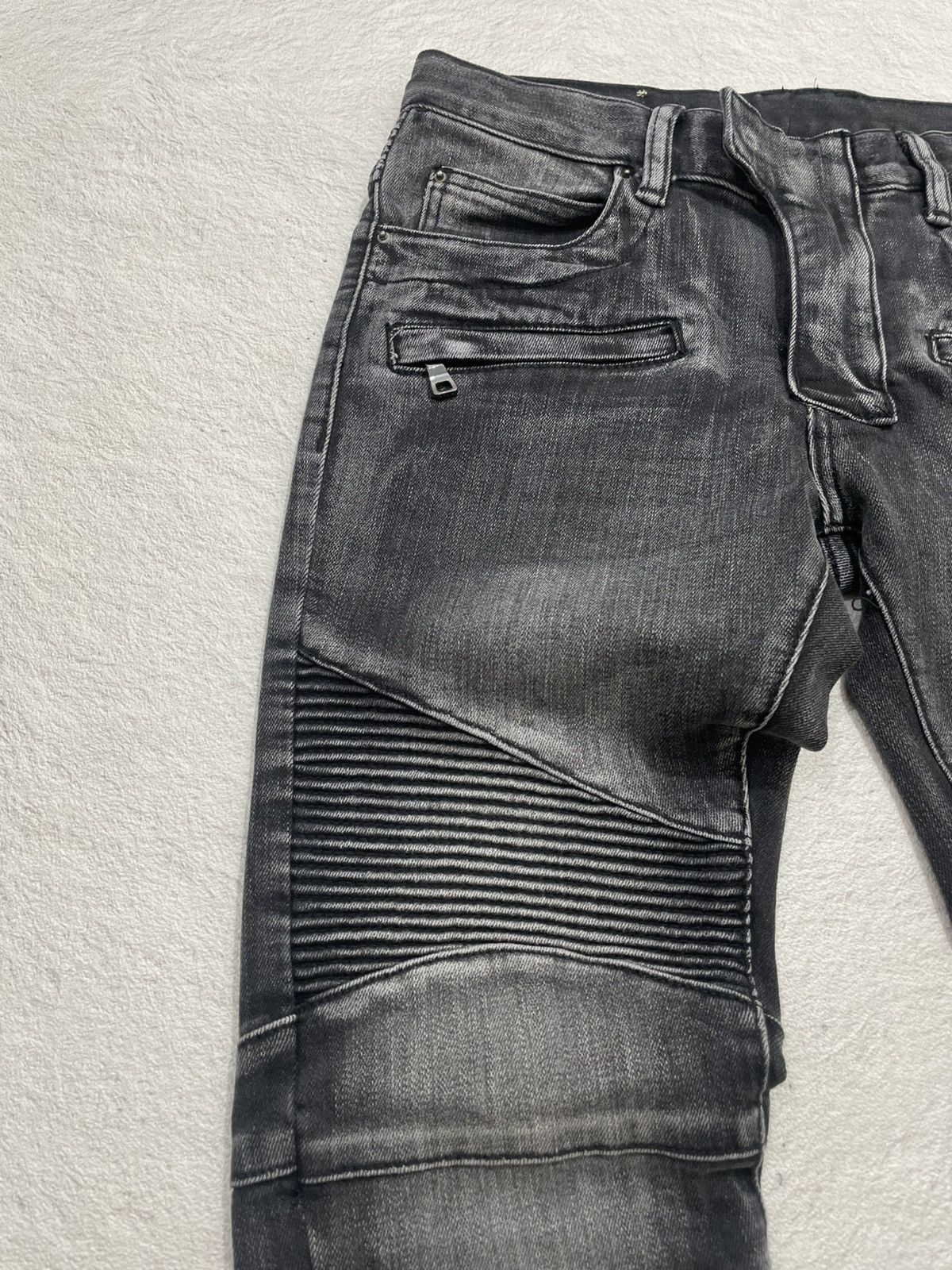 Japanese Brand Black washed biker denim jeans ribbed knee panel zipper Size US 31 - 4 Thumbnail
