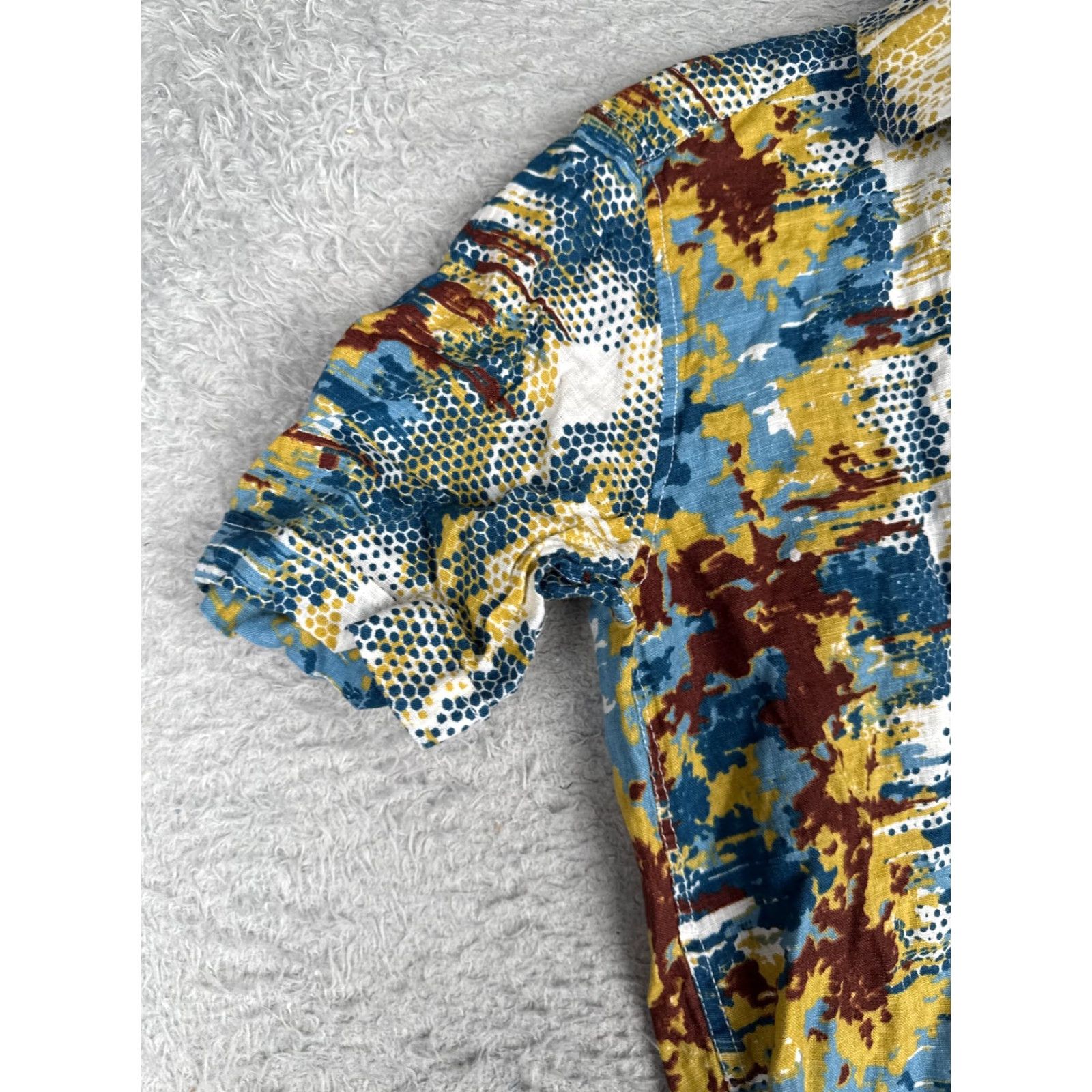 Vintage Woodin Hawaiian Shirt Men Small Blue Camo Polka Dot 100% Linen Beach Button Up Size US S / EU 44-46 / 1 - 3 Thumbnail