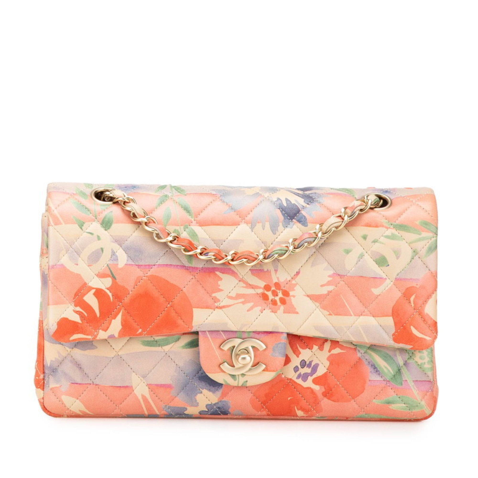 CHANEL Matelasse 25 Double Flap Coco Mark Flower Chain Shoulder Bag in Pink Multicolored Lambskin for Women