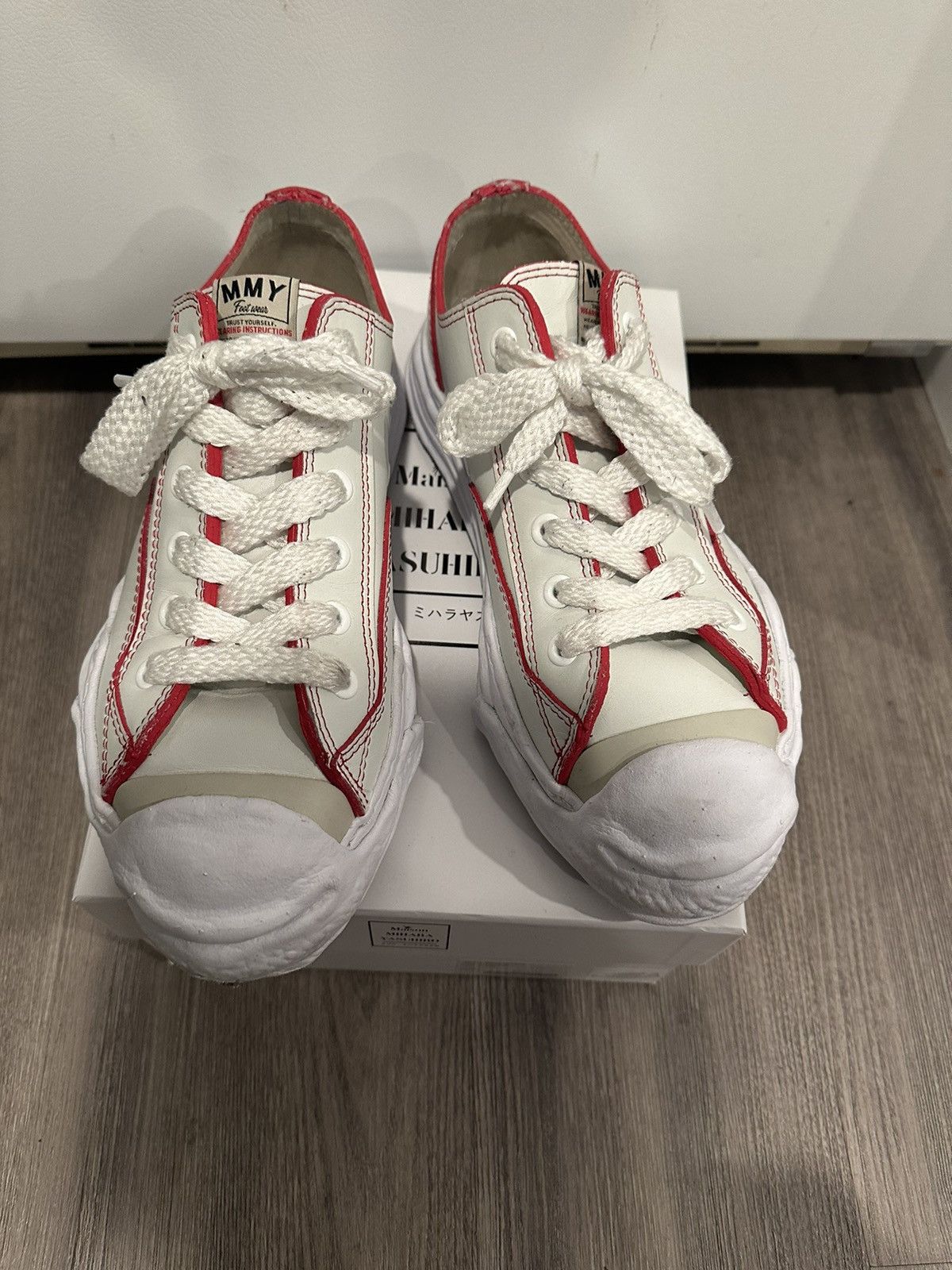 image of Miharayasuhiro Mihara Yasuhiro Leather Hank White Red Line Size 44 Shoes in White/Red, Men's