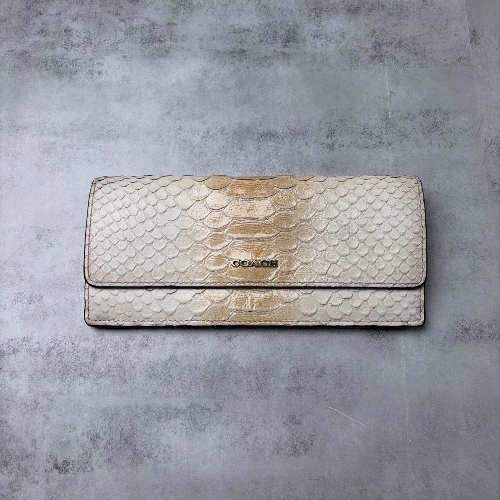 Y2K Coach Python Leather Continental Cream Zip Pocket Wallet in Gold, Women's