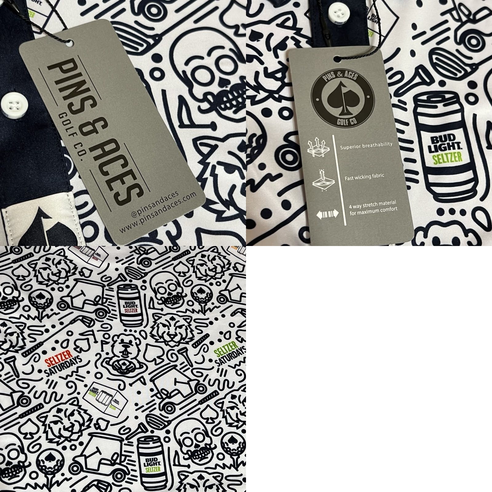 Vintage Pins & Aces Golf Polo Shirt Men's 3XL White Skull Polyester Blend Non-Restricted NWT Size US XXL / EU 58 / 5 - 8 Thumbnail