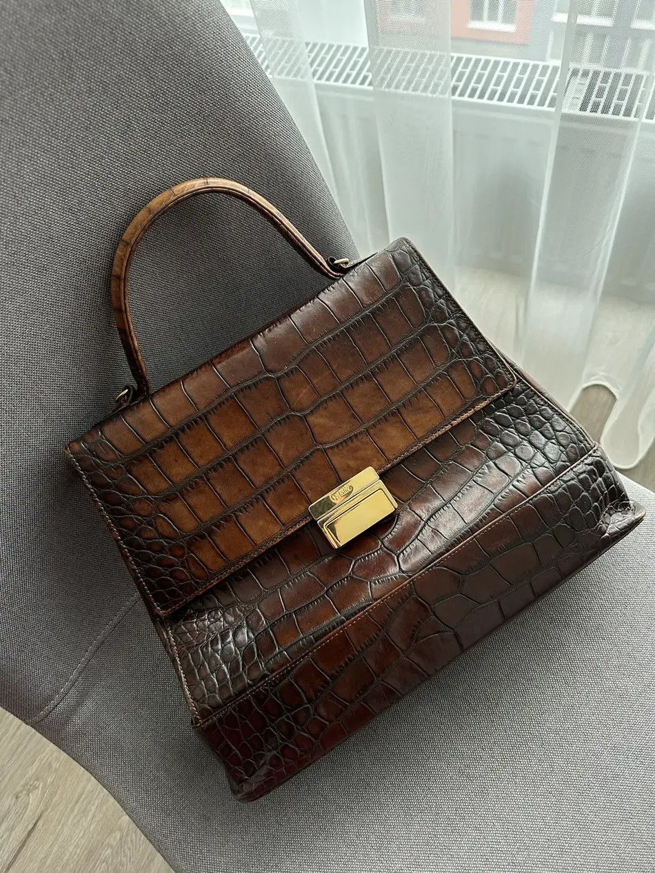 image of Medici Leather Italian Croc Leather Grab Bag in Brown, Men's