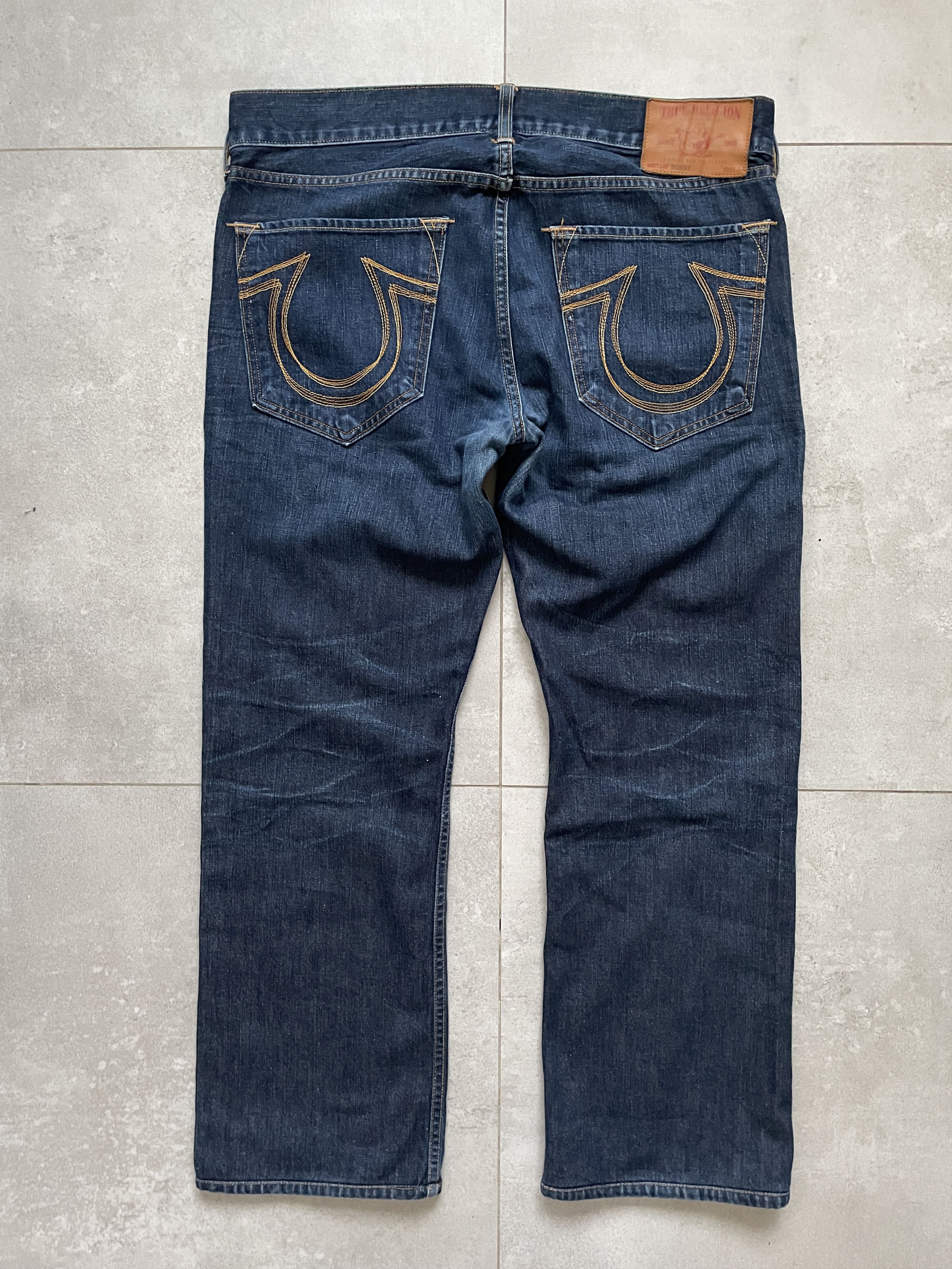 image of Ed Hardy x Swag Y2K True Religion Navy Fat Stitch Bobby Baggy Denim Jeans, Men's (Size 36)